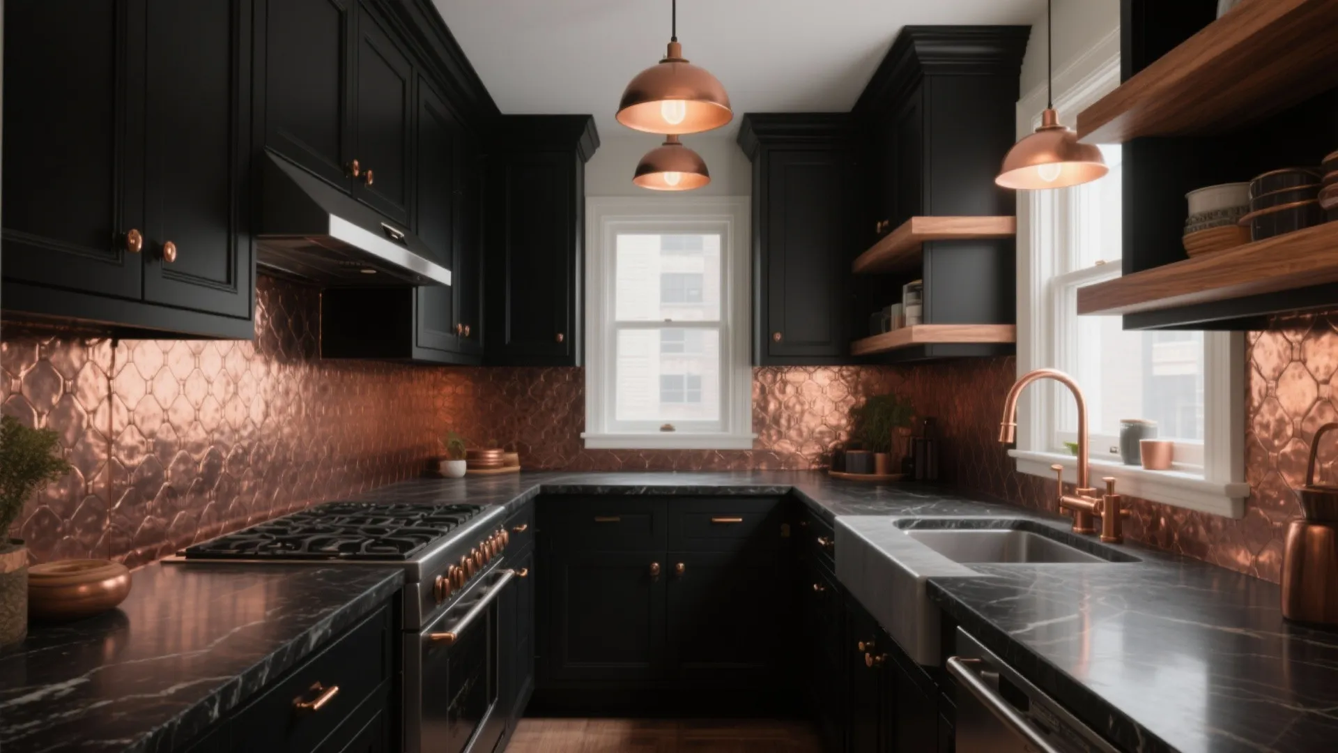 Modern kitchen featuring black cabinets, copper backsplash, marble countertops, wooden shelves, and copper ceiling lights