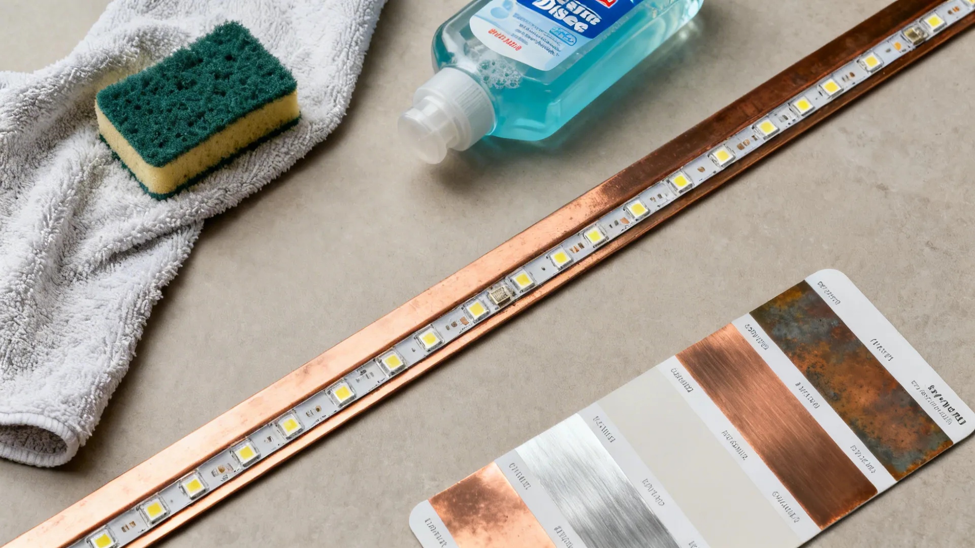 Flatlay with copper samples, microfiber cloth, mild soap, and LED strip for testing.