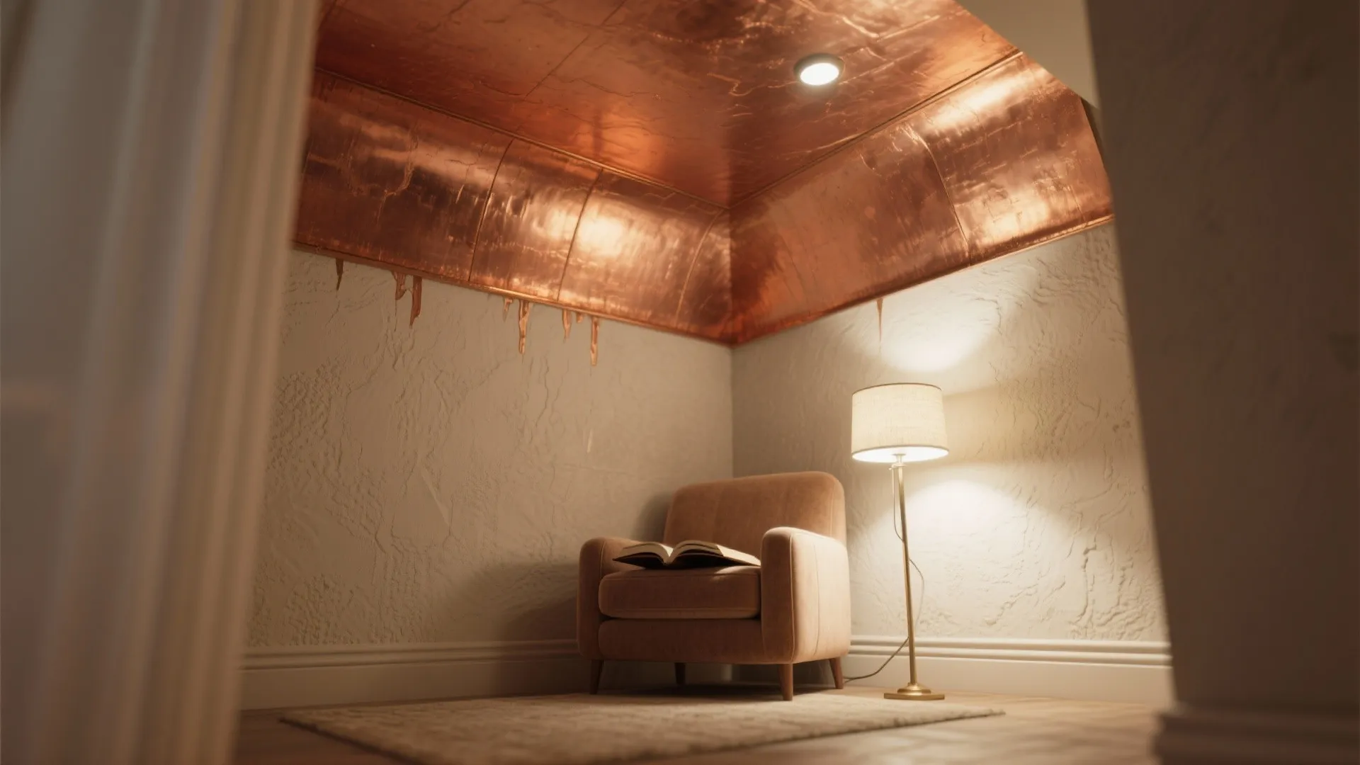 Cozy reading nook under a soft metallic copper ceiling that gives warm overhead glow.