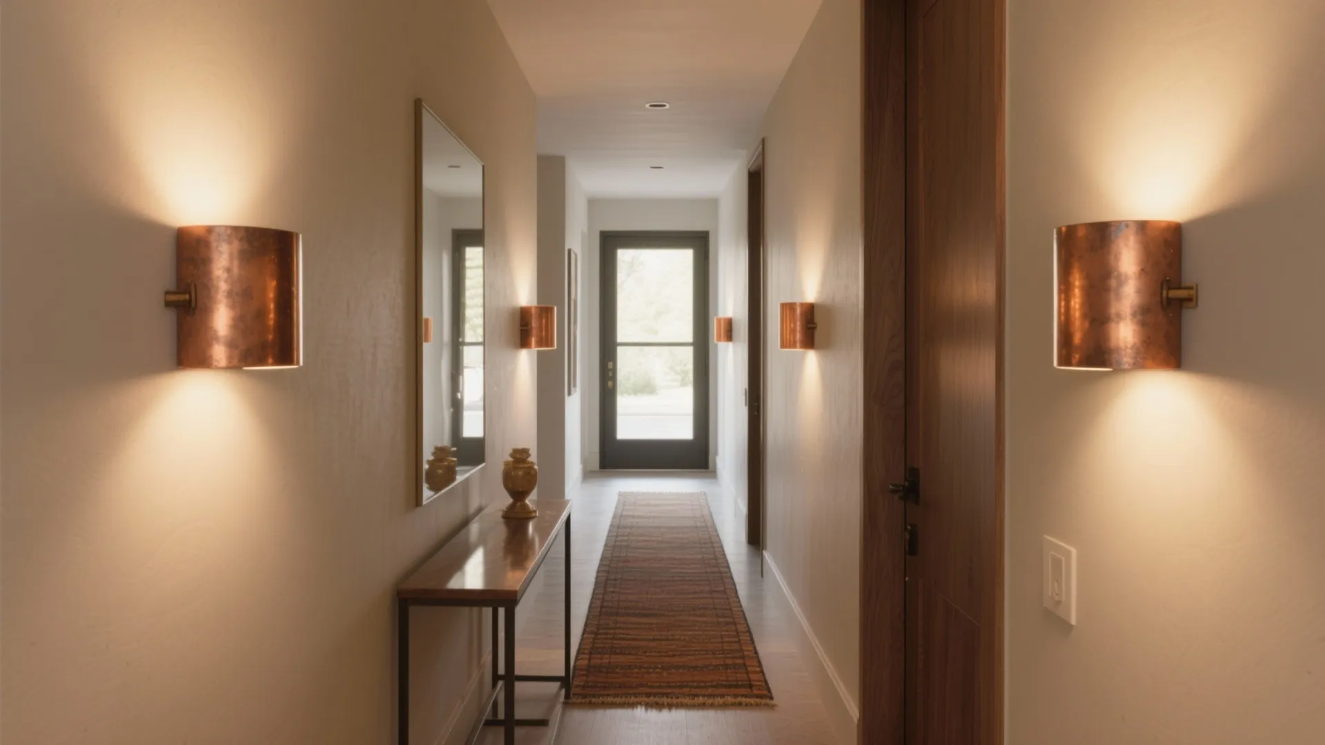 Narrow entryway with three staggered copper wall sconces creating warm layered lighting.