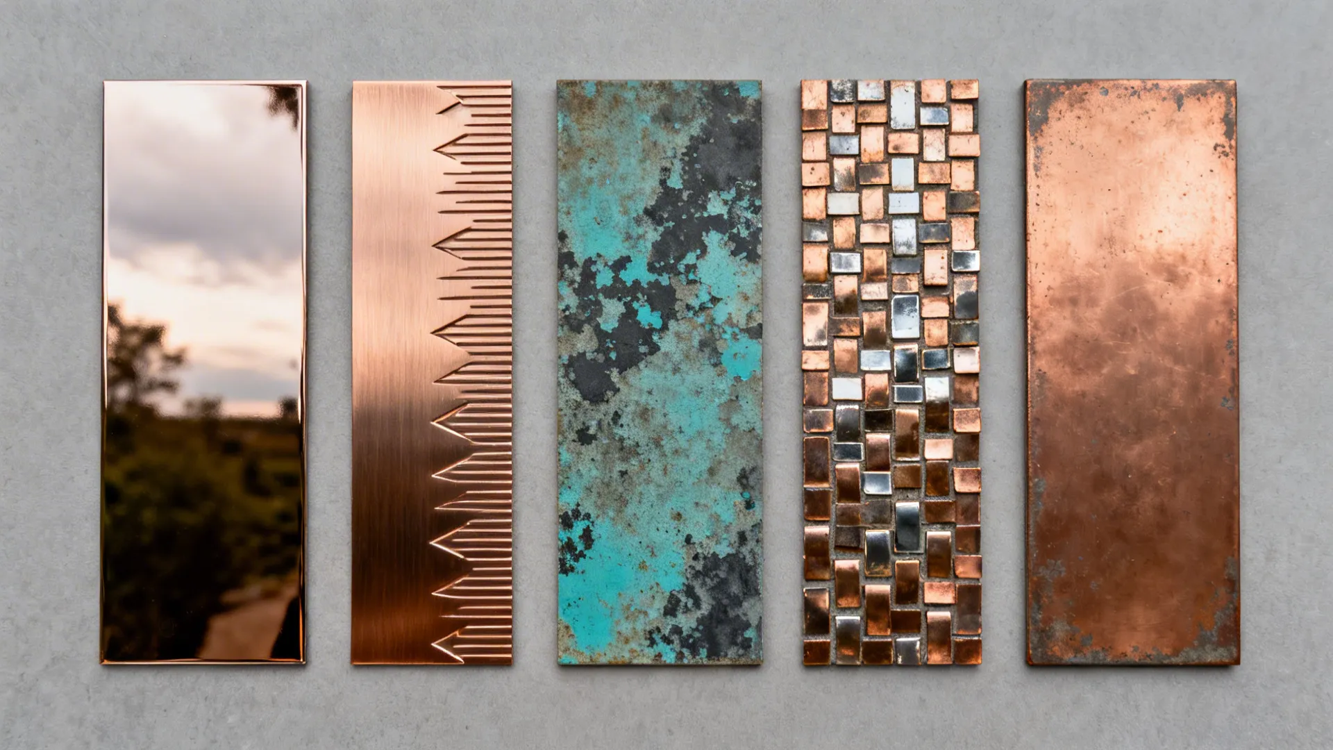 Top-down lineup of five copper backsplash finish samples arranged sequentially.