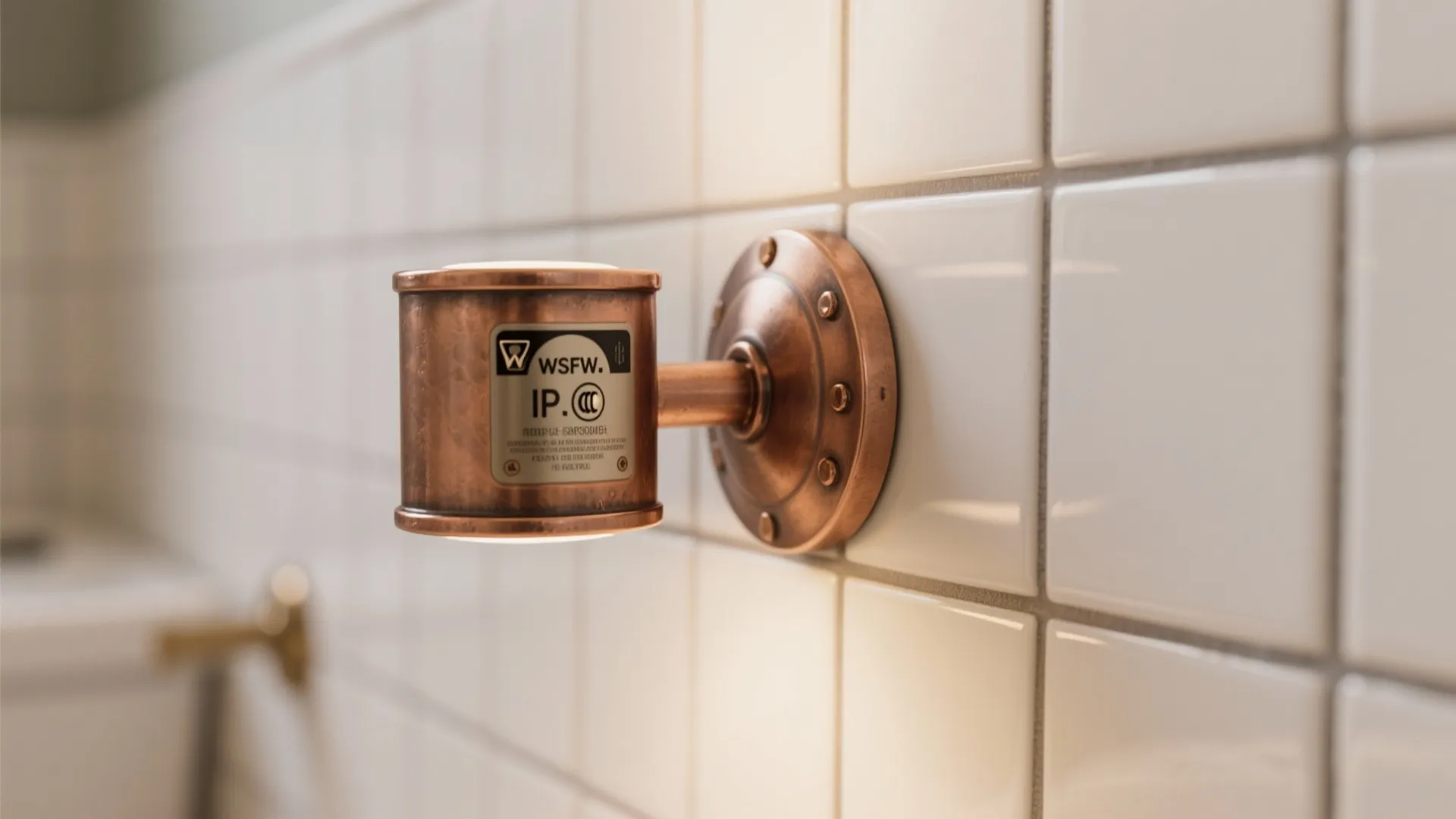 Close-up of a sealed copper sconce and moisture-resistant finish indicating bathroom suitability.