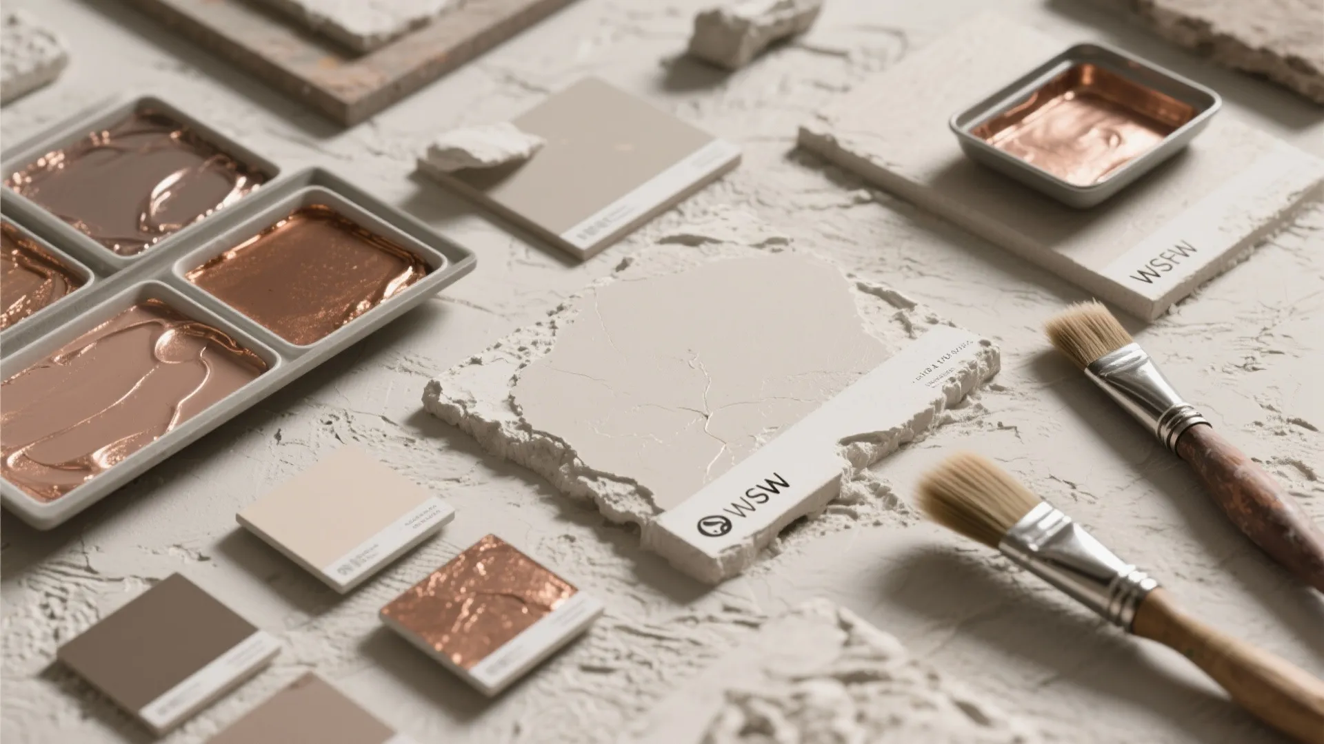 Top-down view of plaster samples and copper glaze swatches showing subtle layered metallic texture.