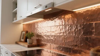 Modern Kitchen with Copper Tile Backsplash – Warm & Functional Design