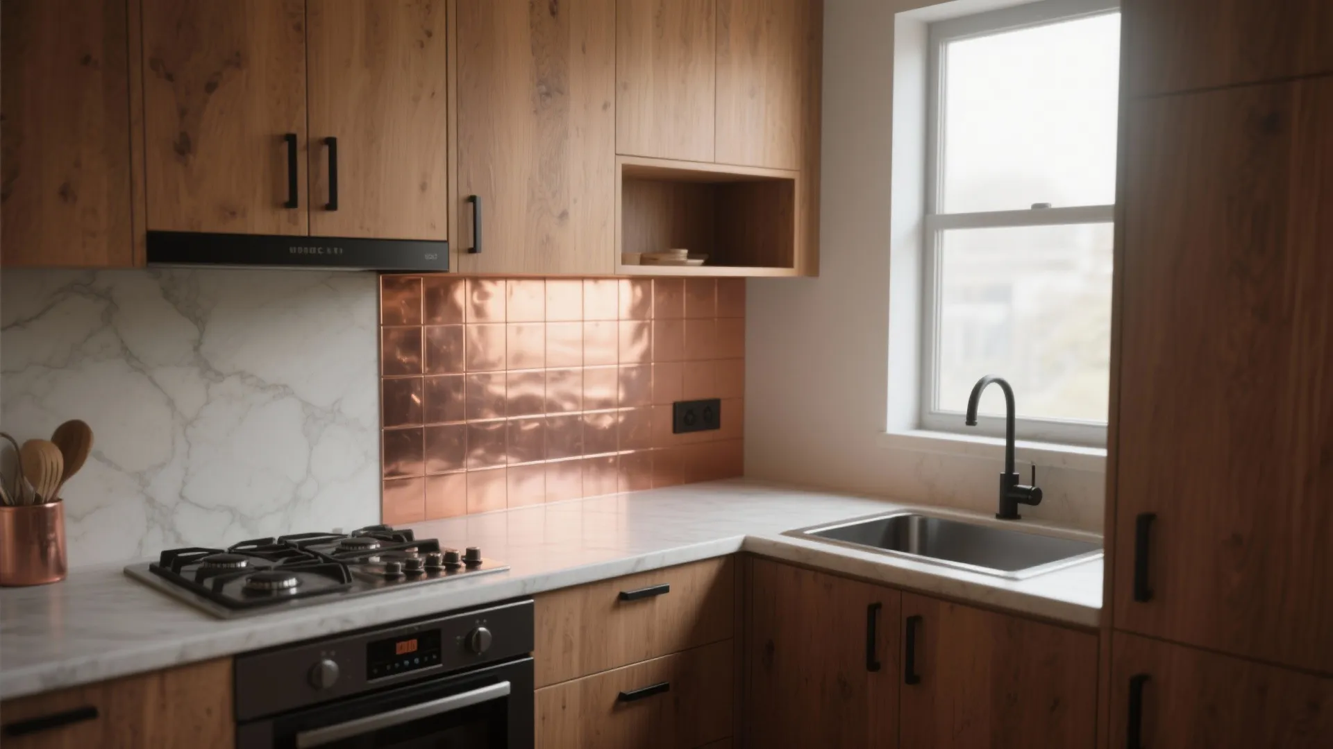 Compact kitchen with a metallic copper backsplash paired with warm wood and matte black fixtures.
