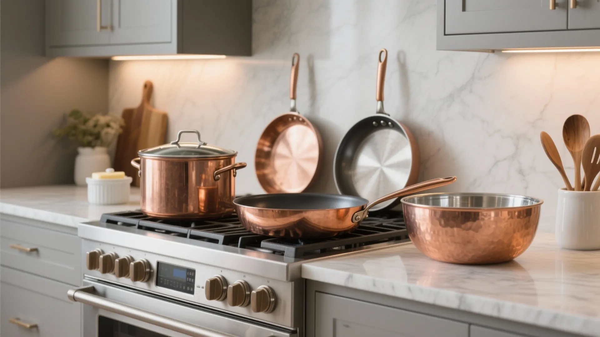 Copper pots and pans on gas stove and marble countertop in a modern grey kitchen
