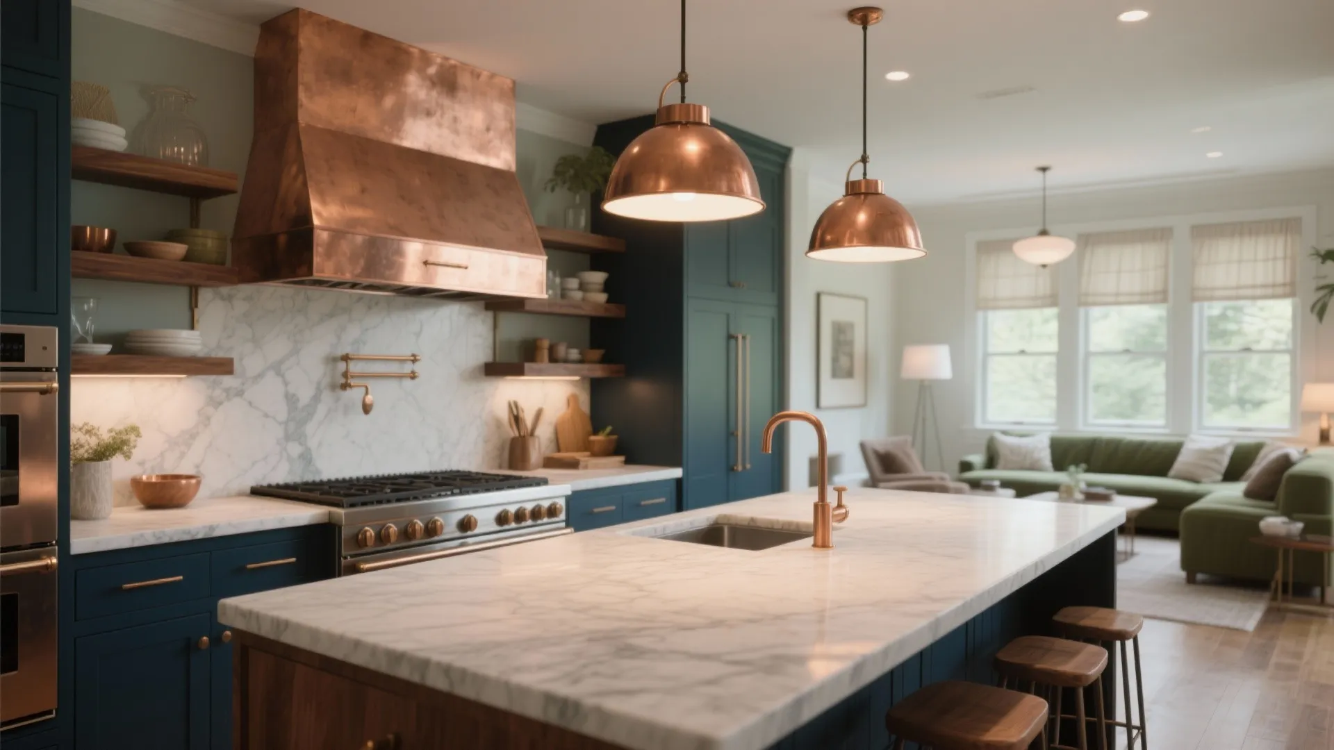 Modern kitchen with copper range hood white marble island blue cabinets and open living room view