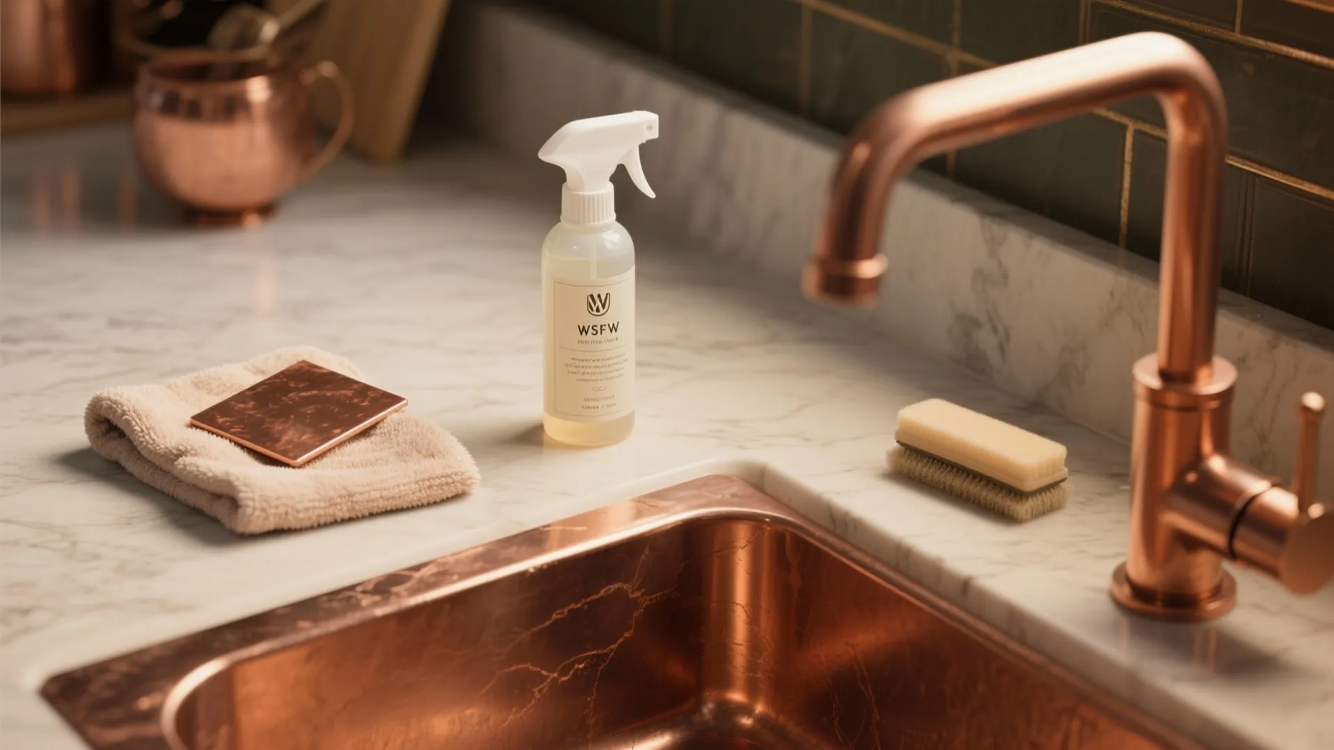 Copper sink cleaning kit with spray bottle brush towel and copper tap on marble counter