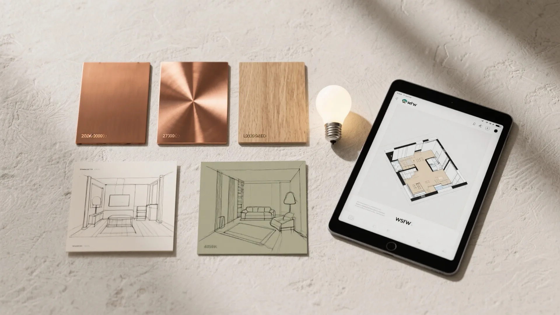 Top-down flatlay of copper finish samples, LED bulbs, and a tablet showing a 3D floor planner.