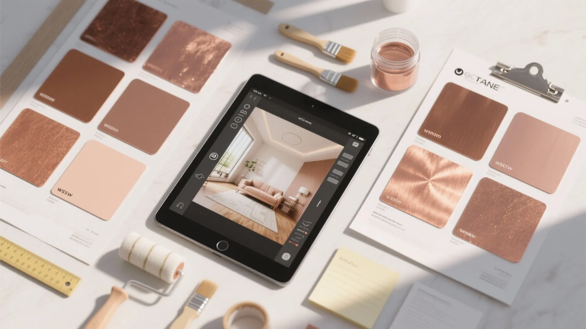Flatlay of swatch samples and a tablet showing a room-planner mockup for testing copper finishes.