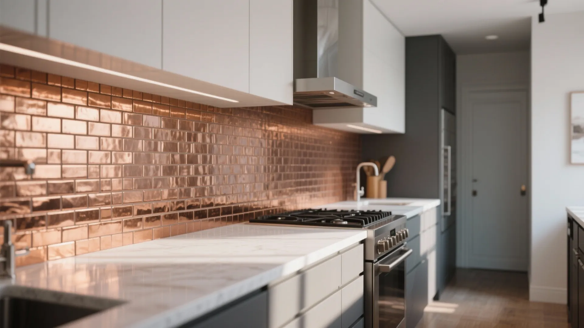 Modern galley kitchen with brushed copper mosaic backsplash
