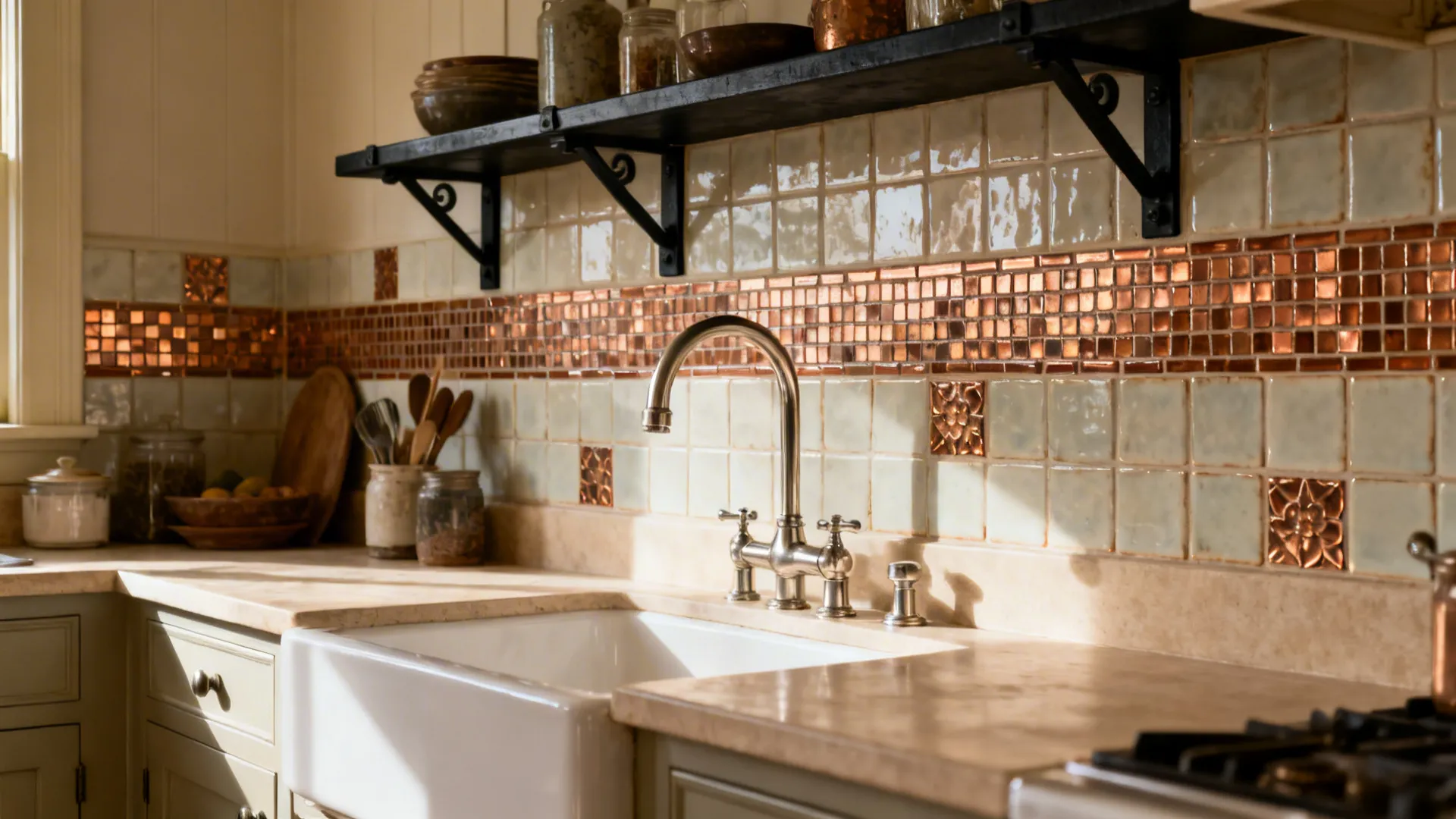 Bungalow kitchen with copper mini-mosaic accents mixed with ceramic field tiles.