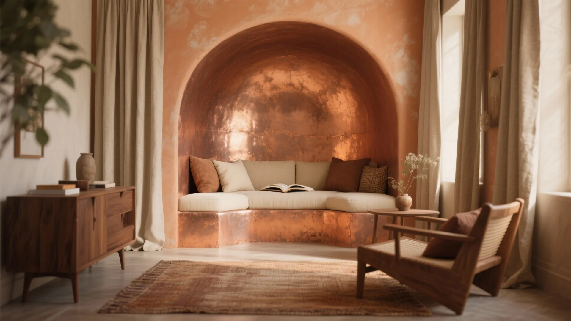 Cozy seating area featuring arched copper alcove built in sofa wooden chair and large floor rug