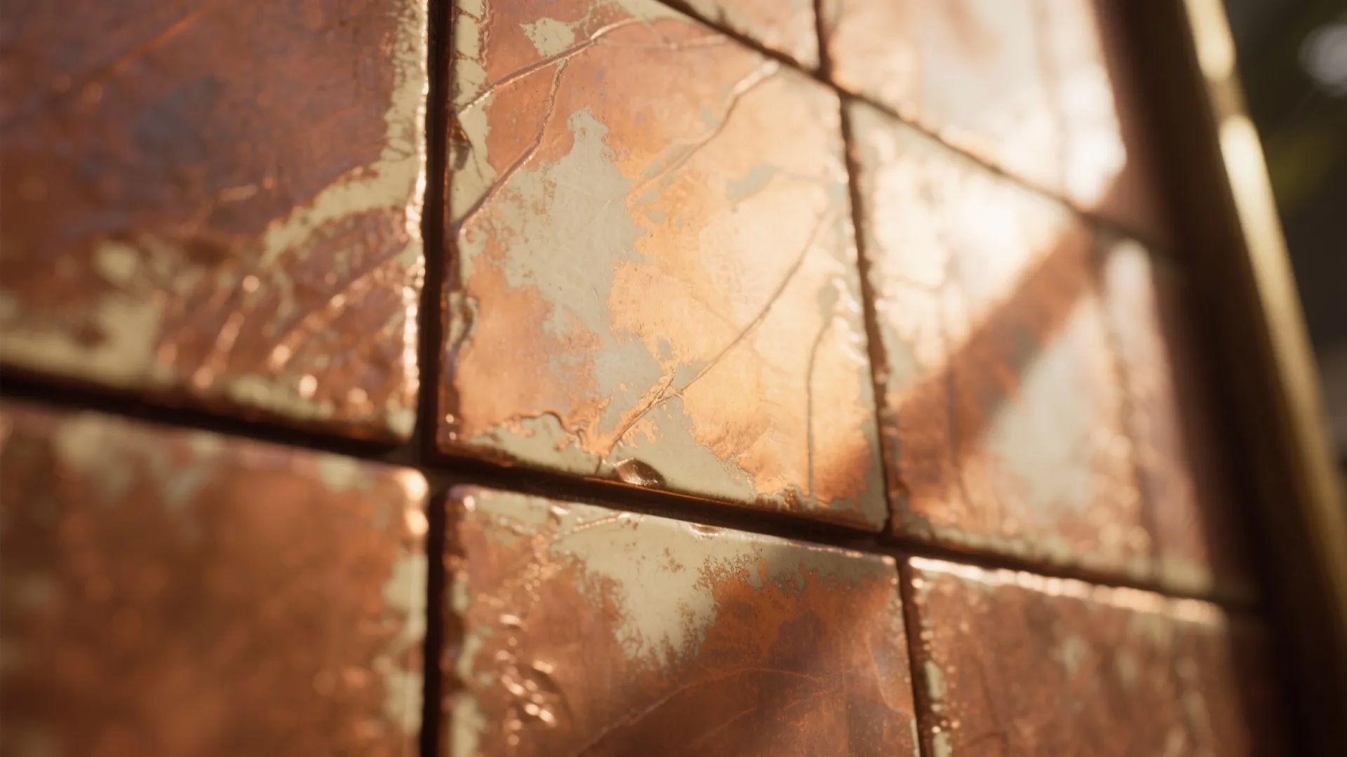 Close up view of metallic copper wall tiles with textured surface and warm golden sunlight reflection