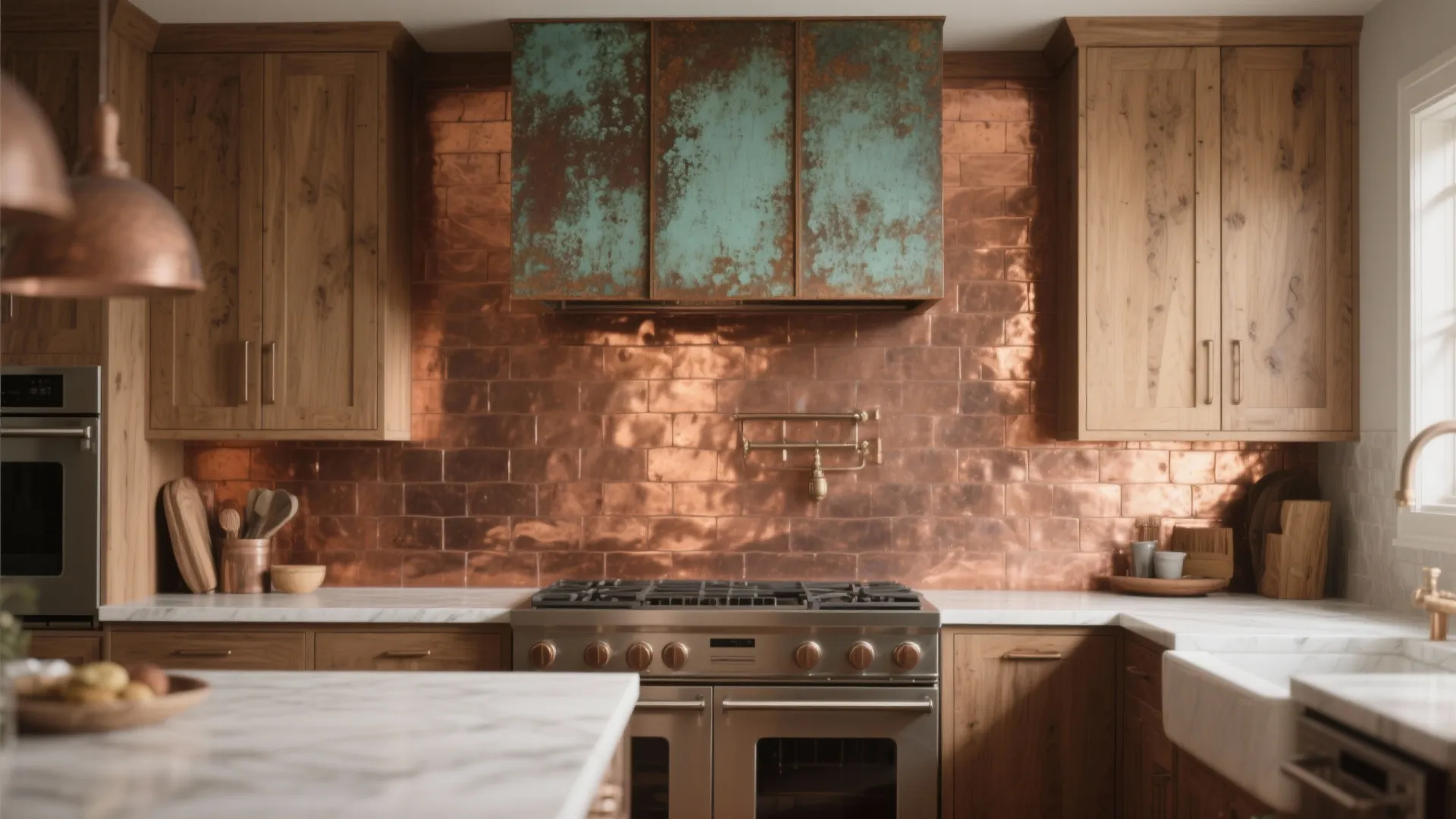 3. Copper patina backsplashes and accent panels