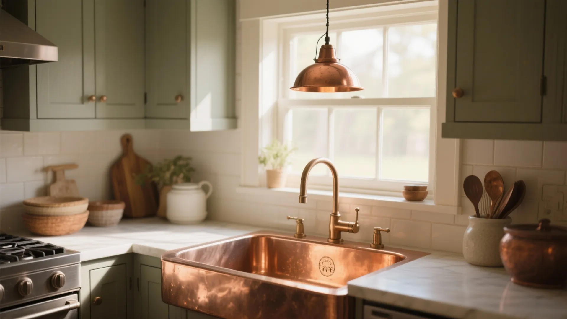 Rustic kitchen with a large copper sink green cabinets bronze faucet and a ceiling light