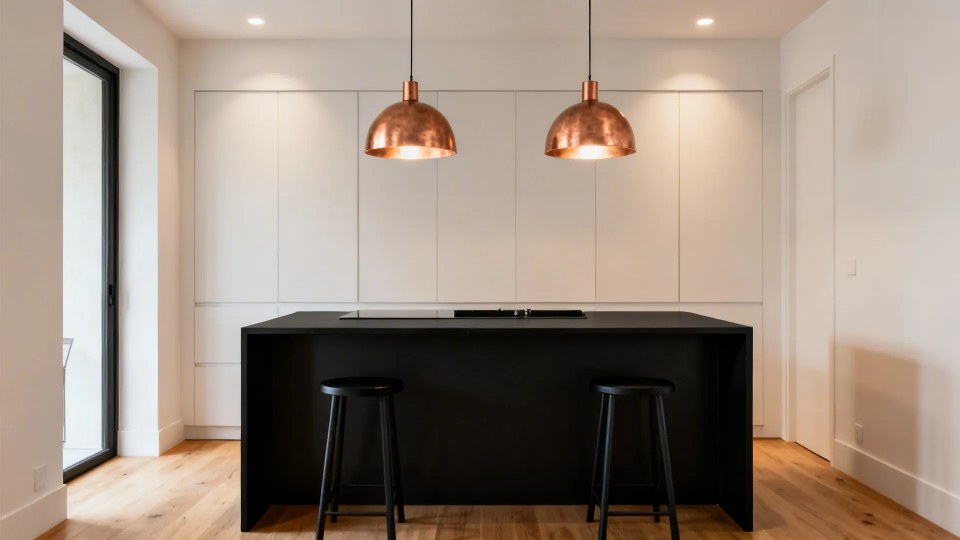 Hand-spun copper pendants illuminate a compact matte black waterfall island.