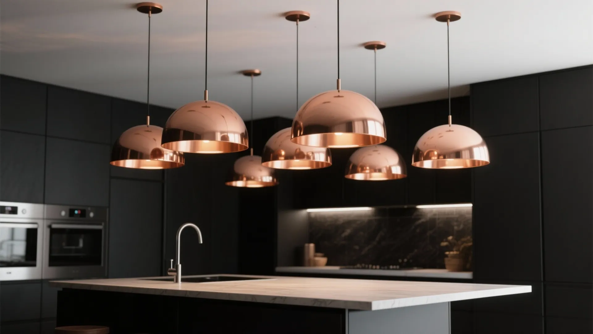 Copper pendant lights over a compact island in a matte black kitchen, casting warm light.