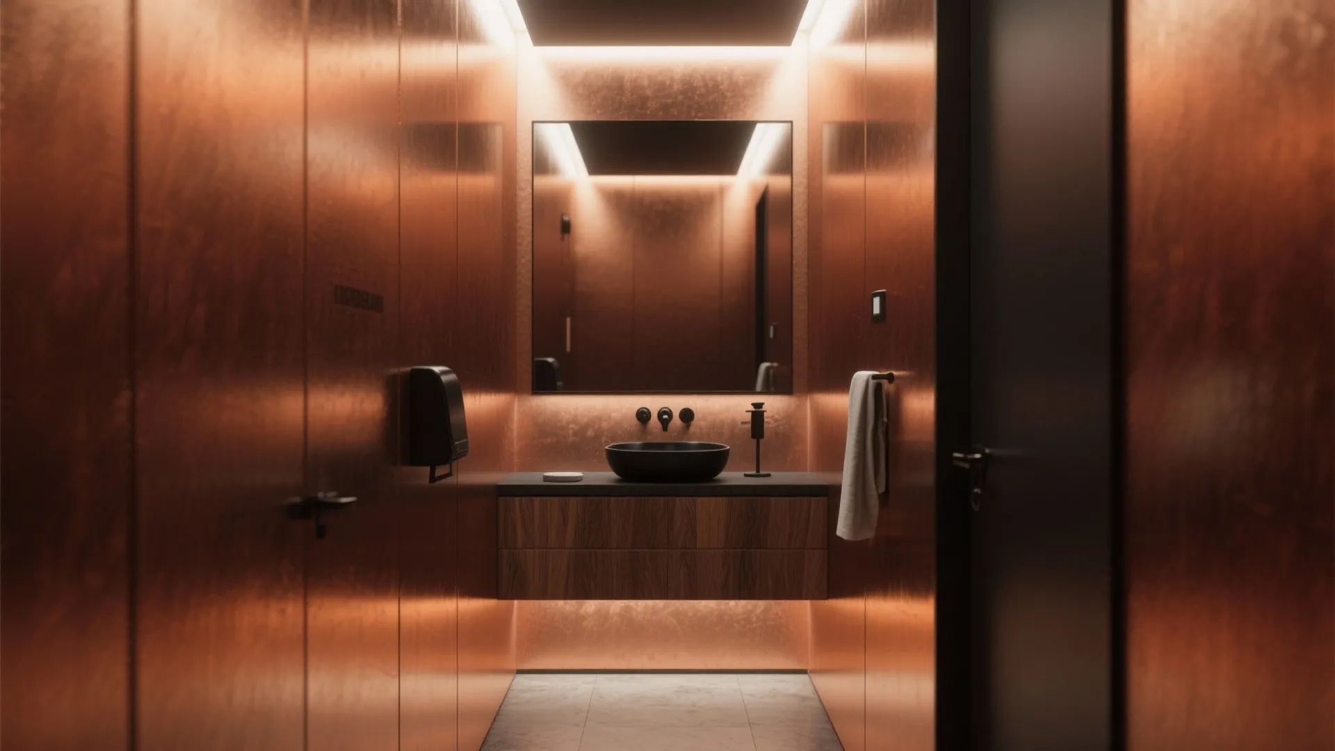 Modern bathroom featuring copper walls black sink wooden cabinet mirror and a white hanging towel