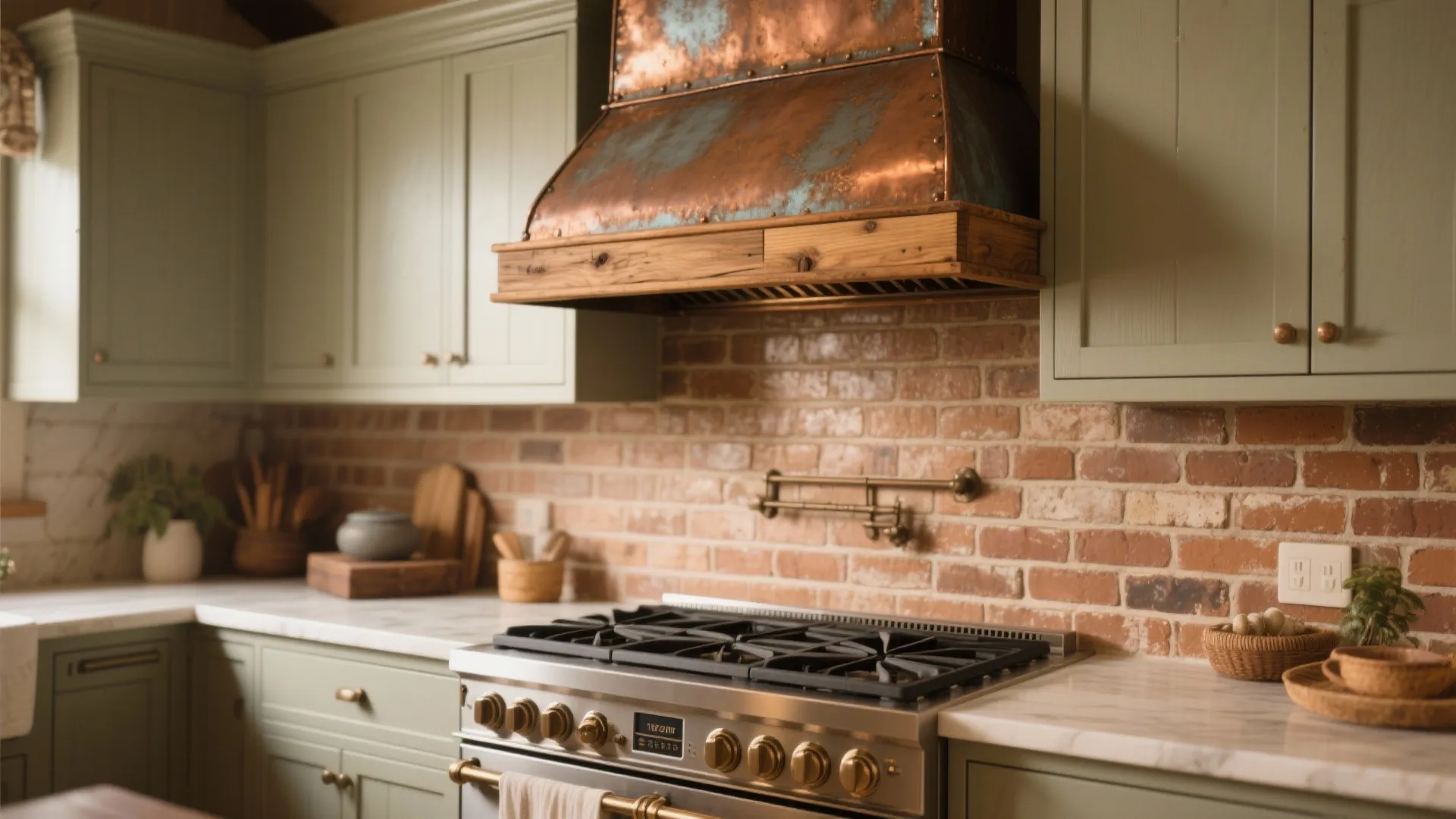 Copper and wood range hood in rustic kitchen