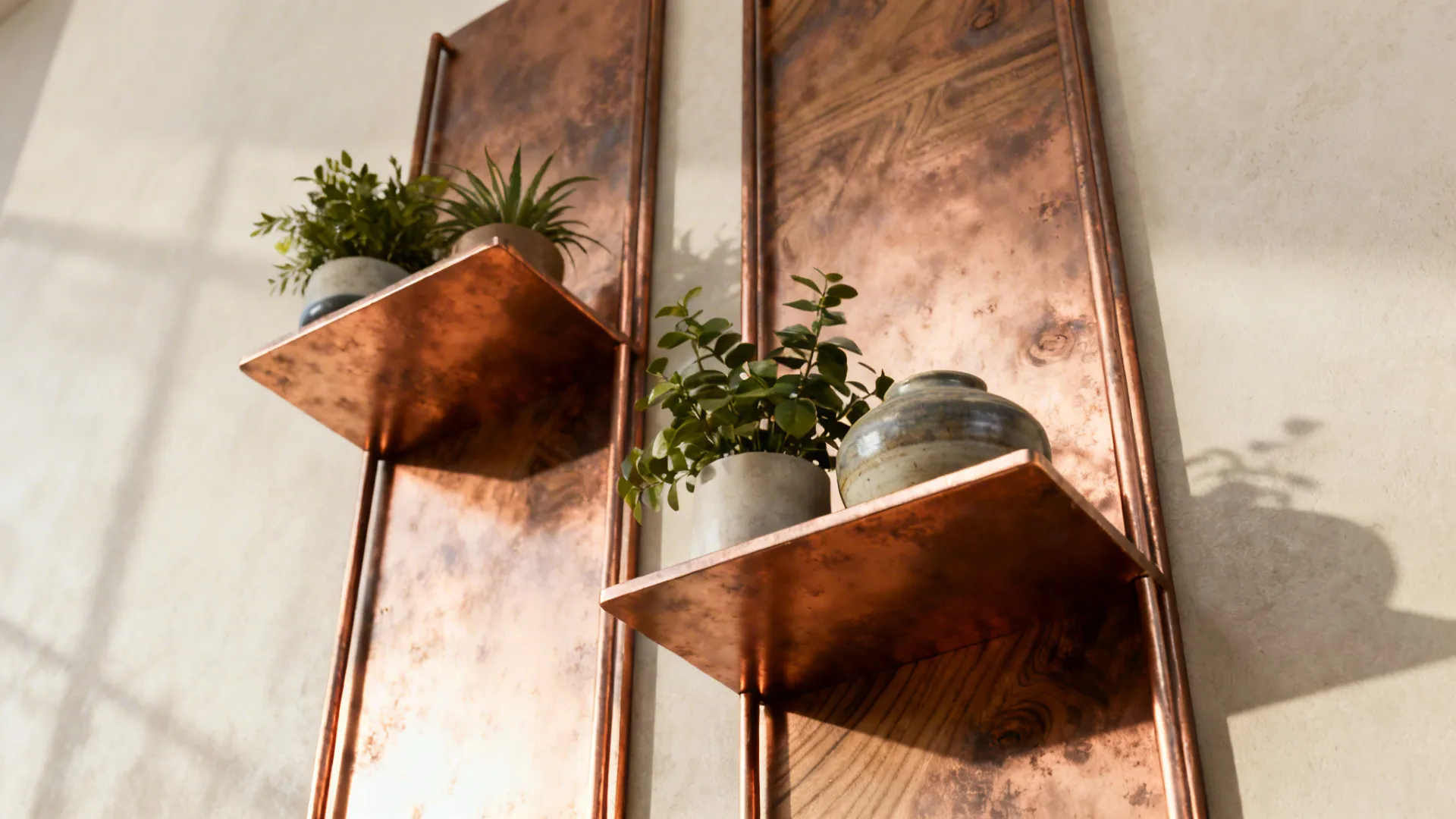 Two copper wall shelves featuring small green plants and a ceramic vase on textured wall