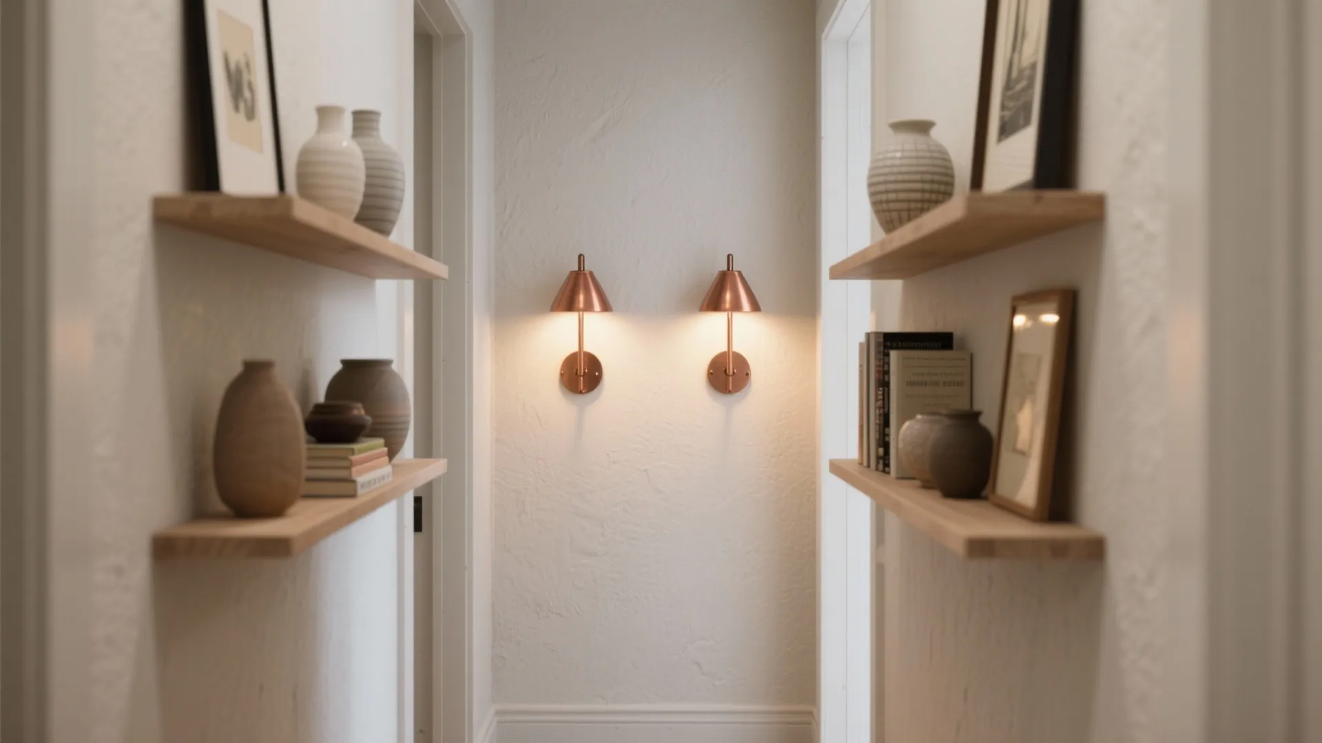 Two copper wall lights highlighting objects on floating shelves in a narrow hallway.
