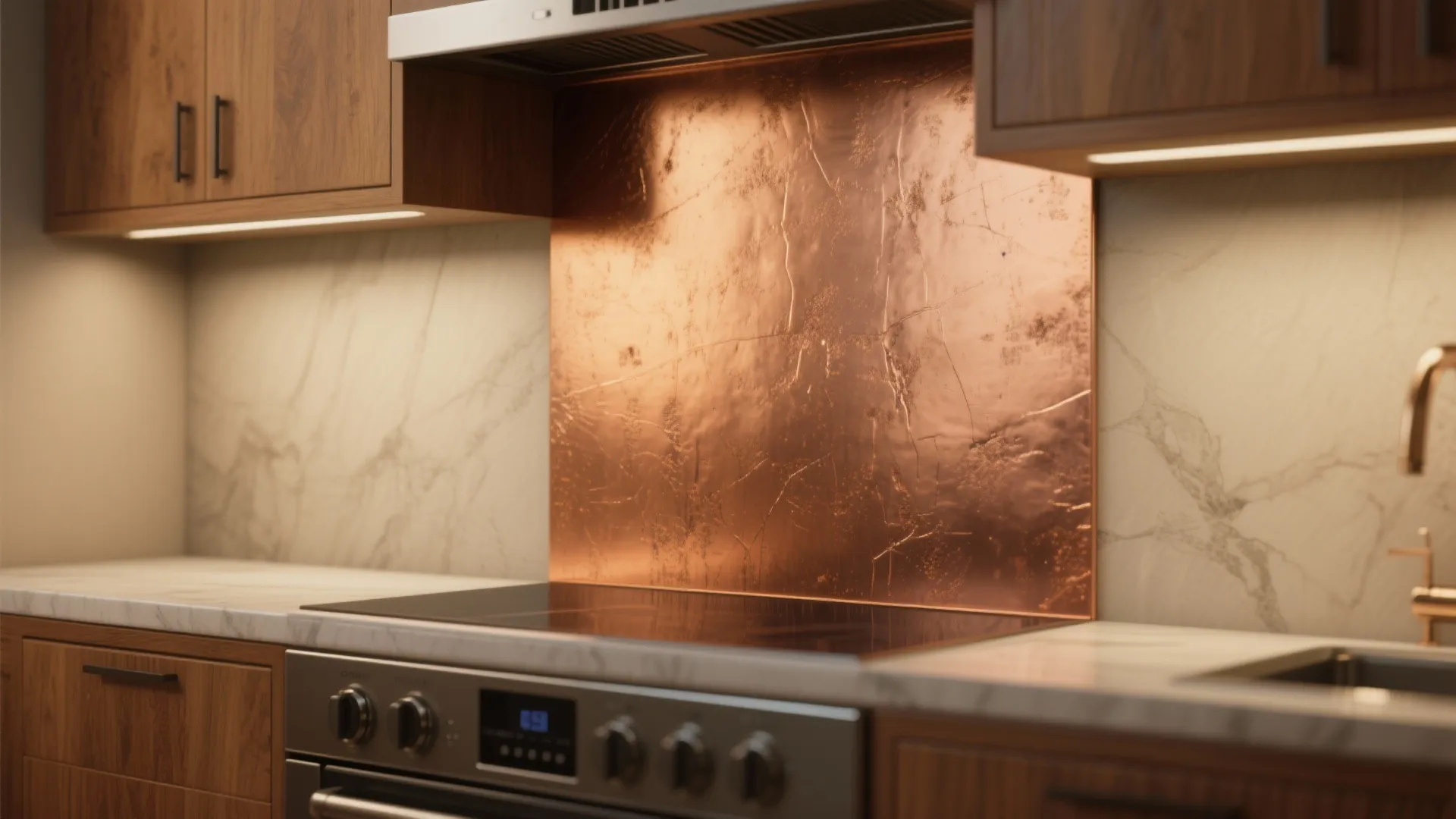 Modern kitchen featuring wood cabinets marble countertops black electric stove and a textured copper surface