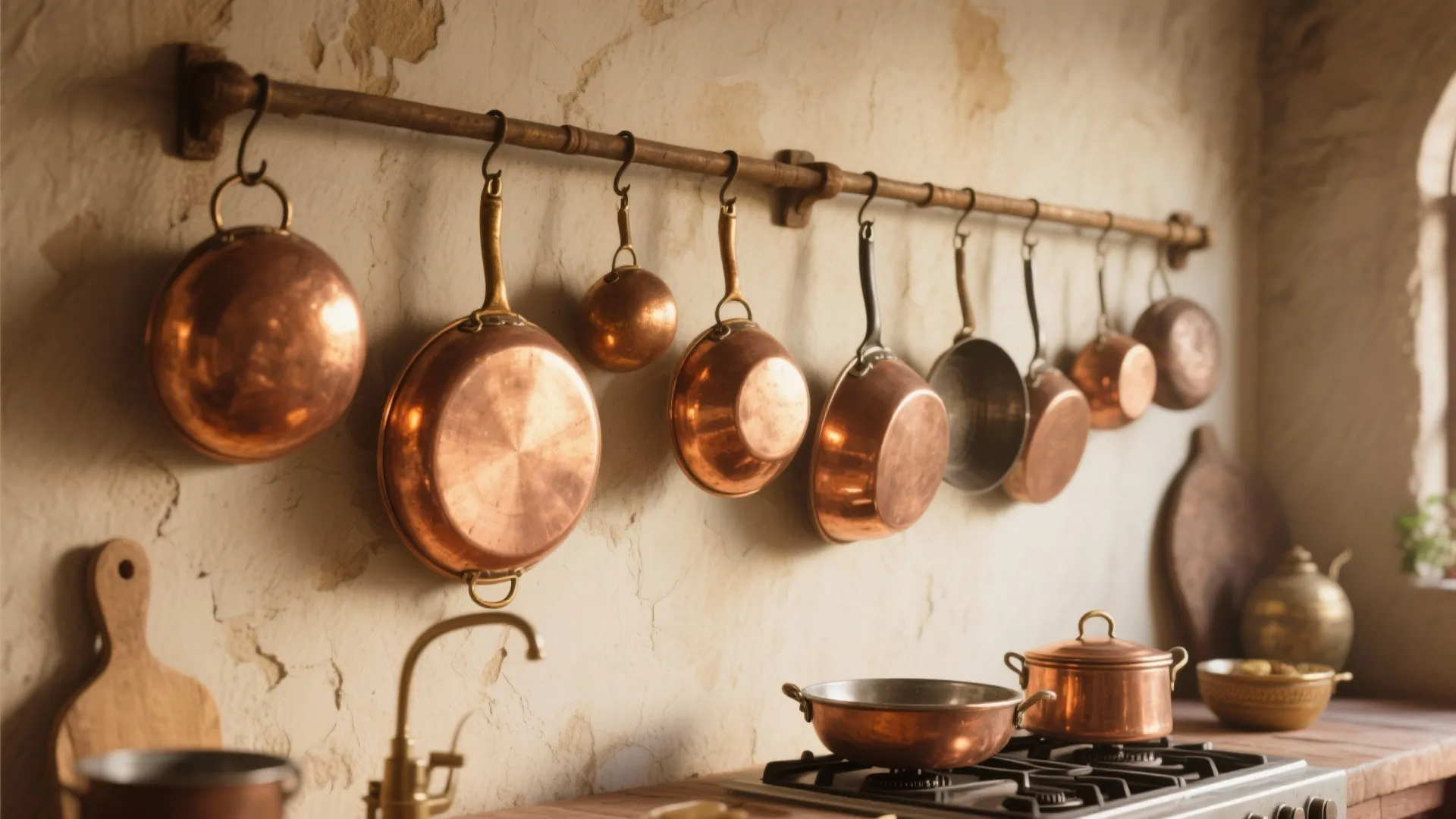 Polished copper pots and pans hanging on a kitchen rail