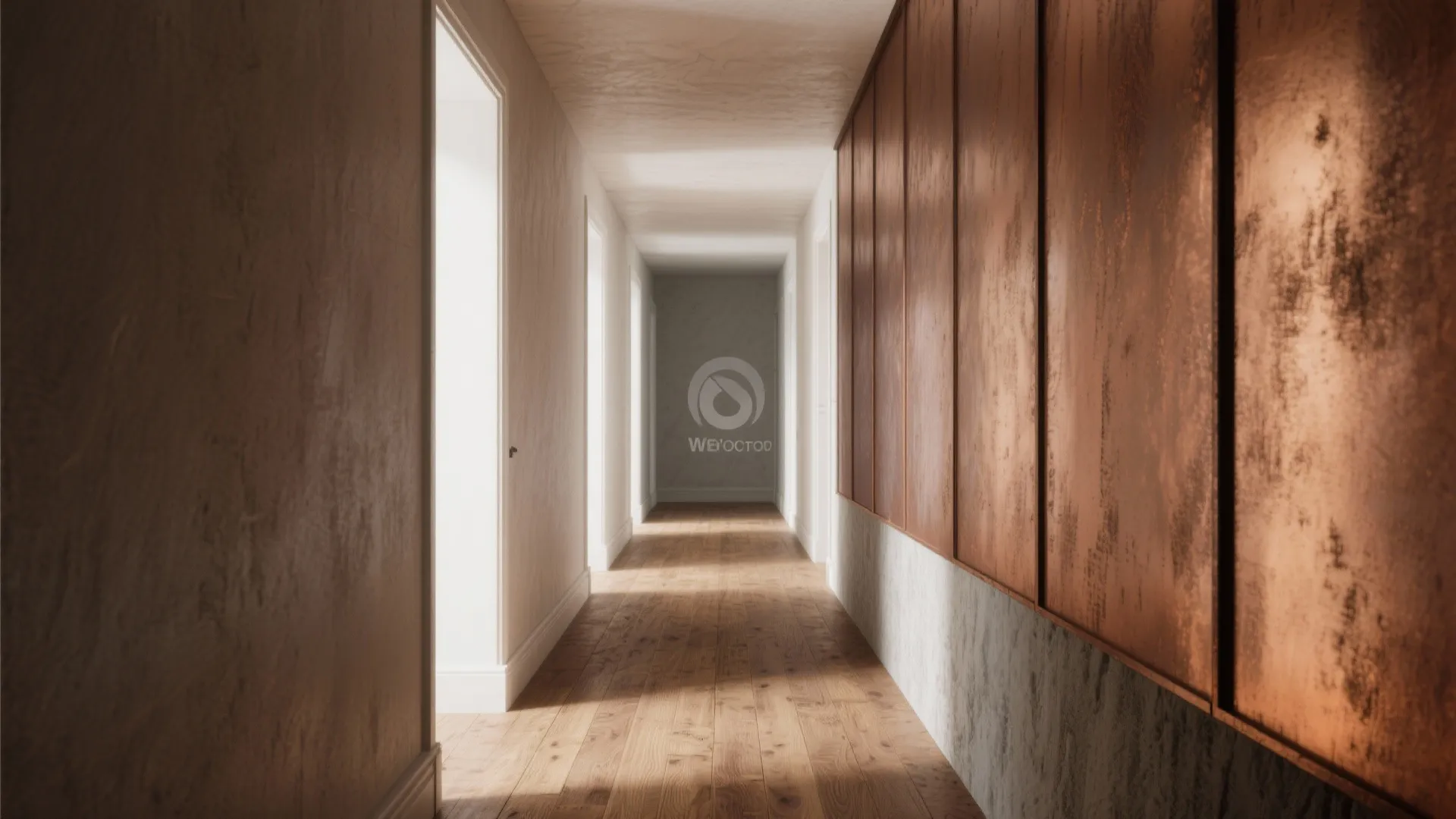 Hallway with vertical copper panels on half the wall, visually lifting the ceiling.