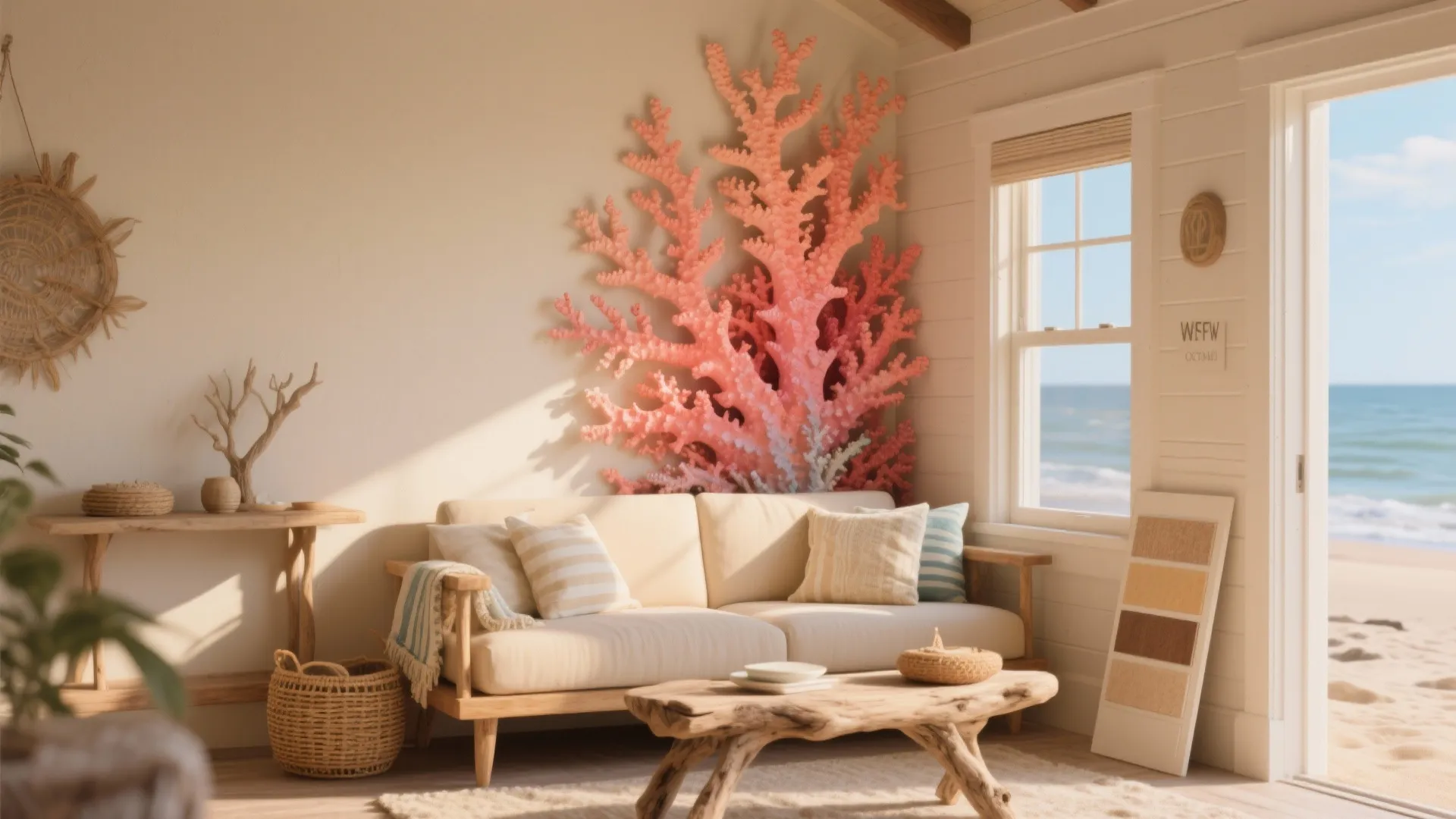 Compact living area with a coral accent wall and sandy beige base, natural wood furniture and coastal textiles.