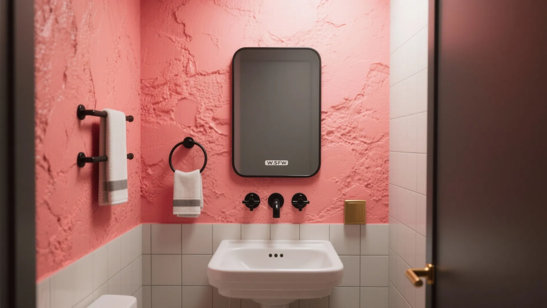 2. Coral Accent Wall with Matte Black Fixtures