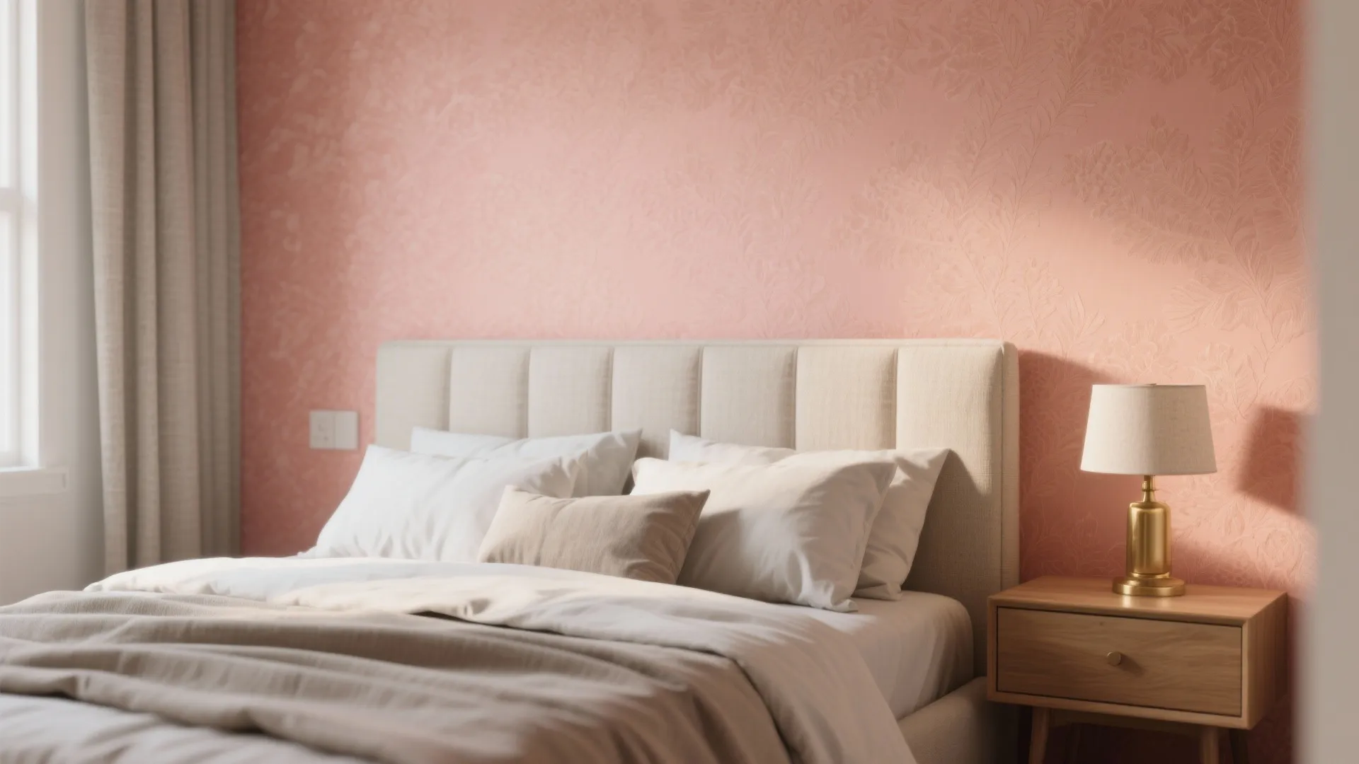 1. Soft Coral Accent Wall with Layered Textures