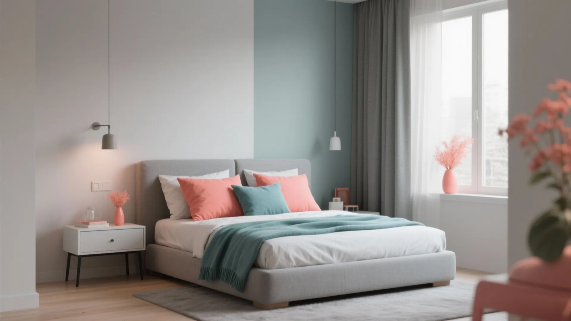 2. Coral + Cool Neutrals for a Calm, Modern Look