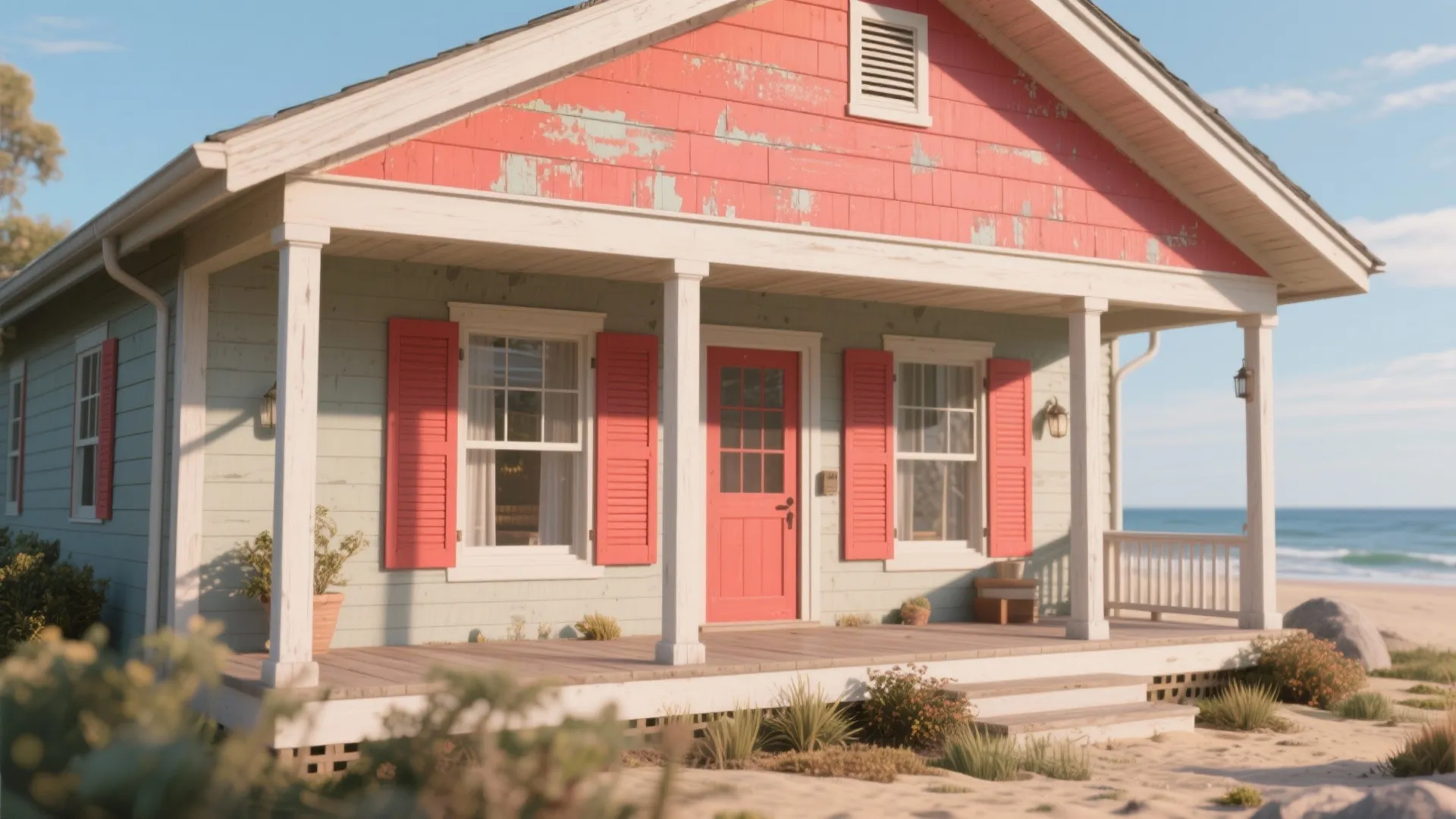 Small beach cottage with red shutters and door located on the sand near the ocean