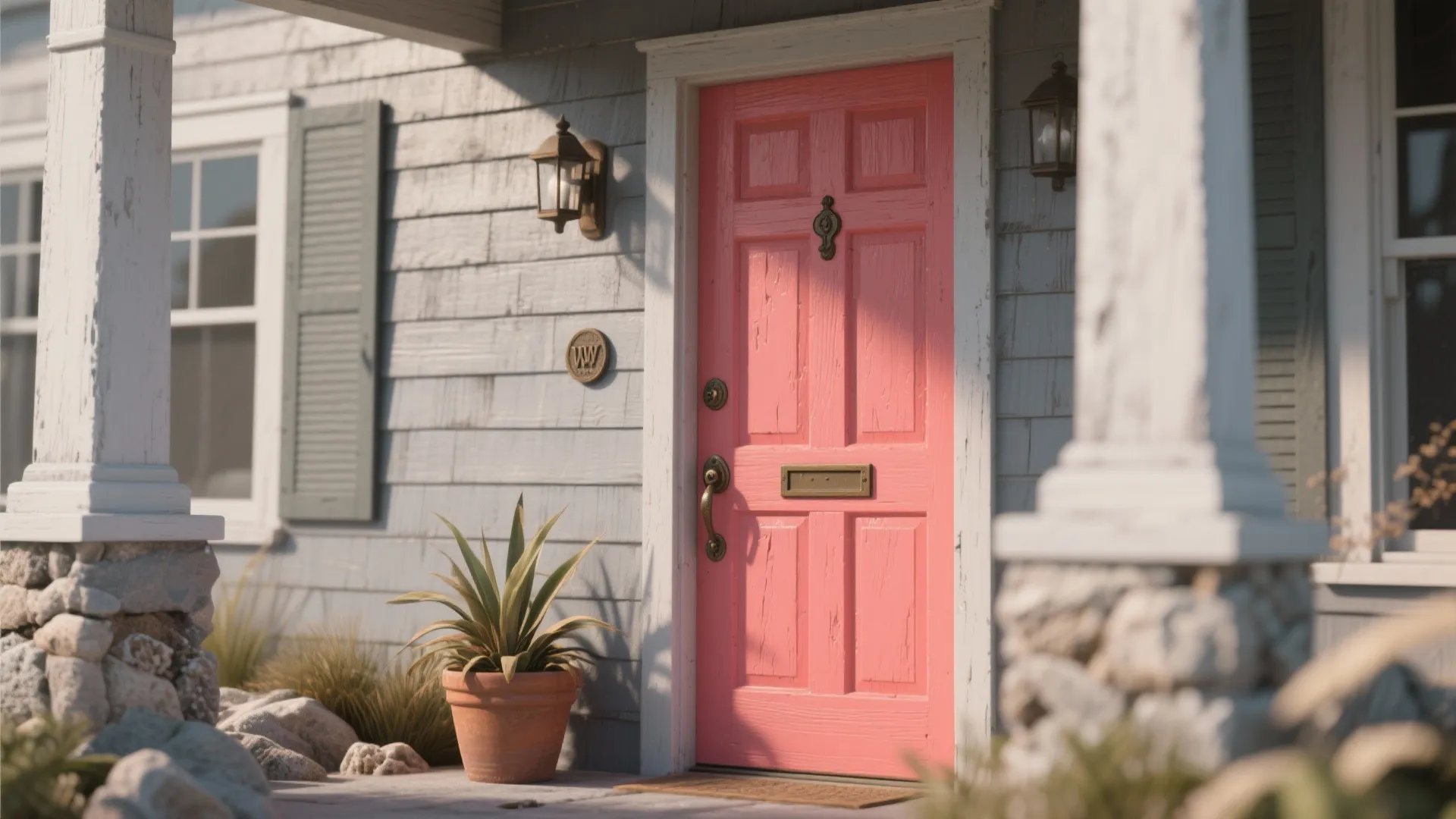 4. Bold Coral Door with Weathered Gray Siding