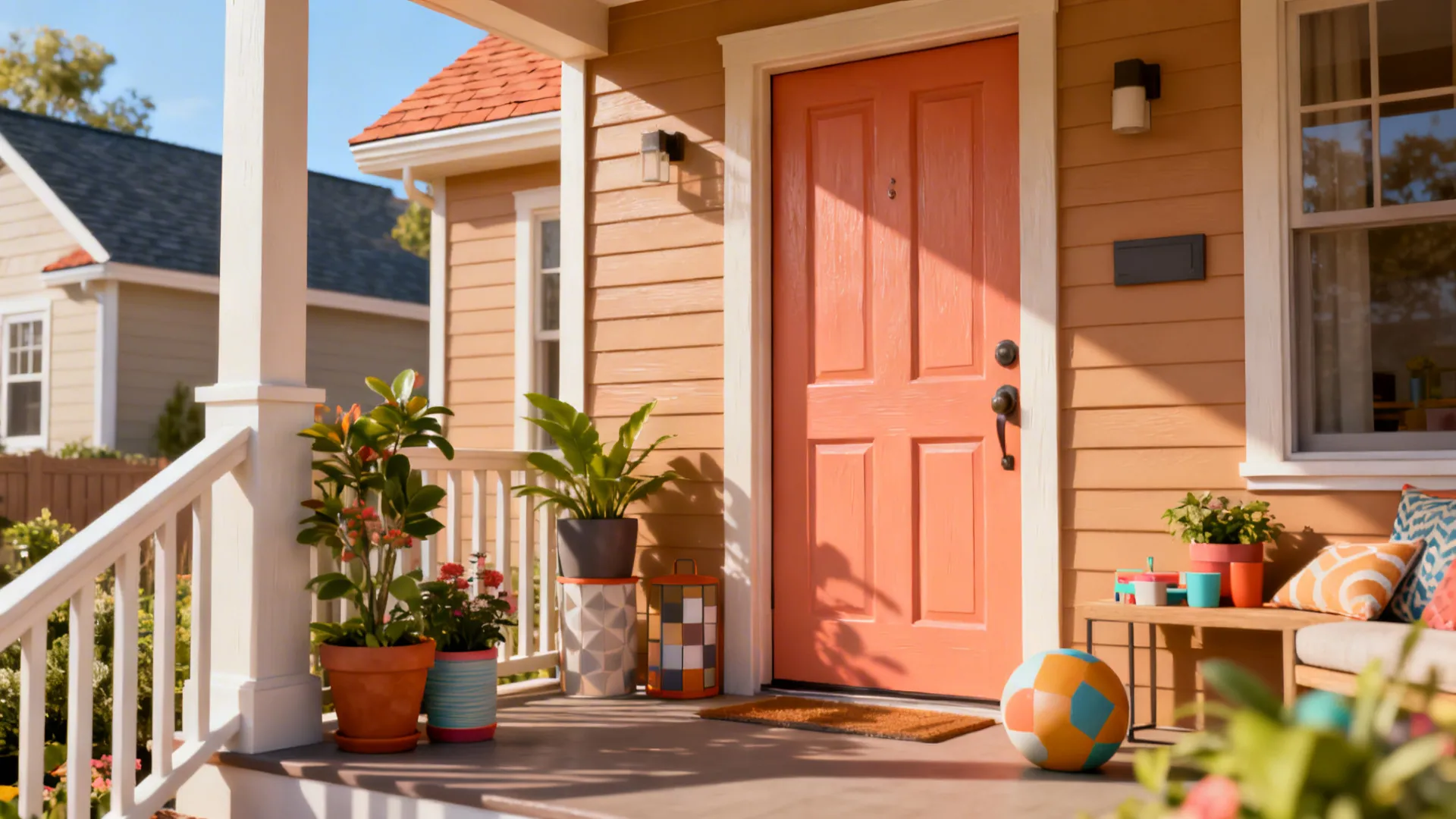 Tan house porch with a warm coral terracotta front door and potted plants under bright daylight.