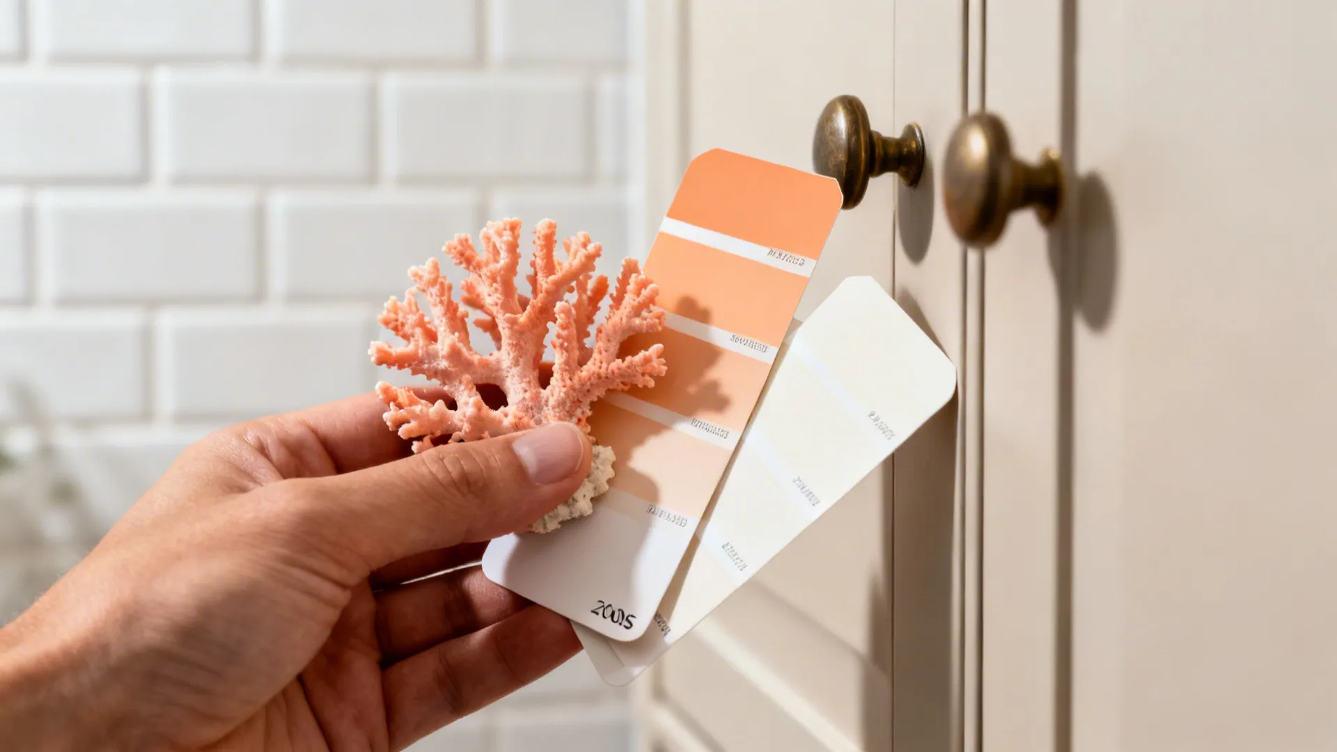 Macro of coral and warm white paint chips against a cabinet with soft tile background.