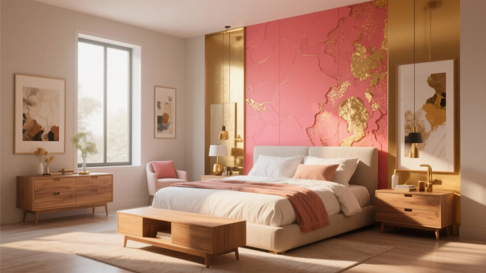Modern bedroom with coral wall and gold accent decor