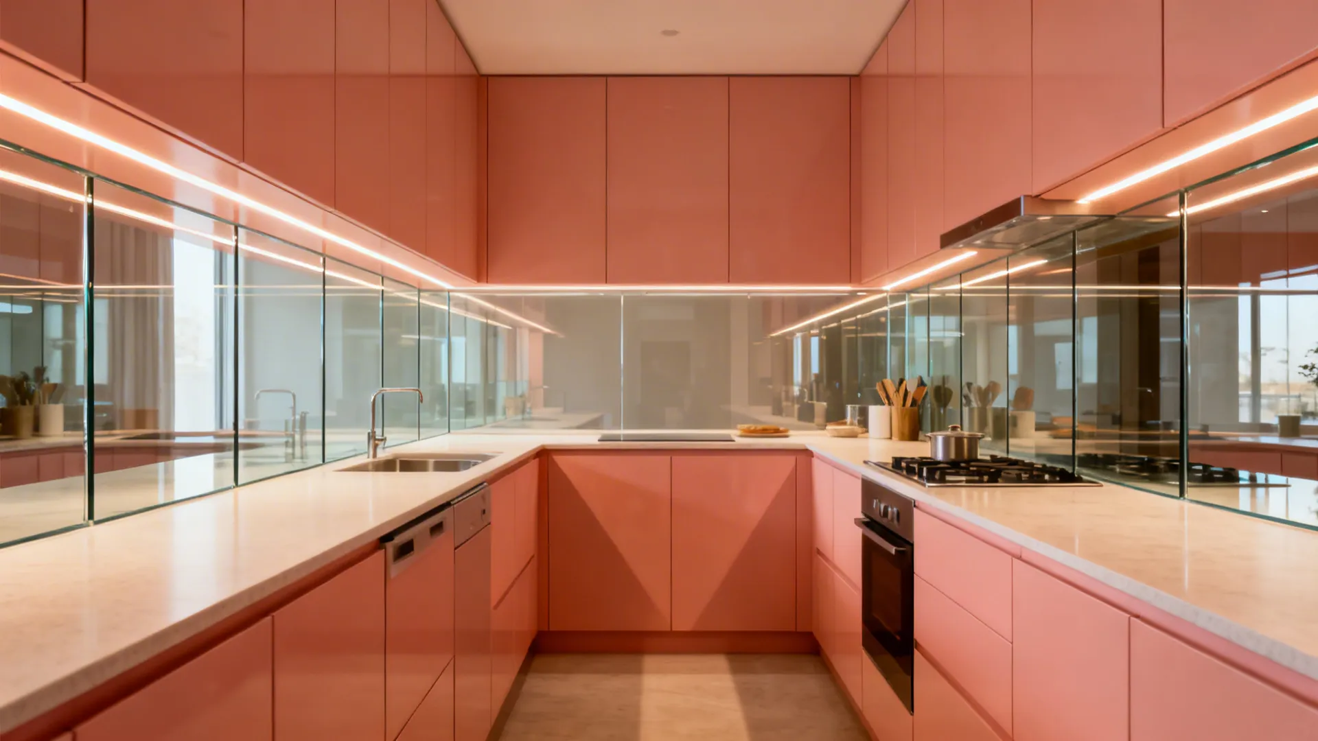 Galley kitchen with mid-tone coral cabinets and low-iron glass backsplash reflecting light.