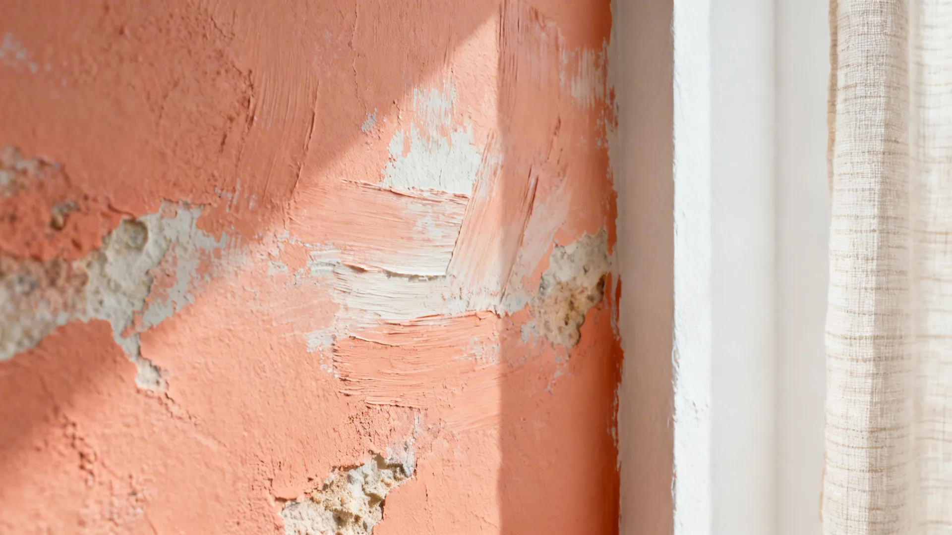 Close-up of muted coral limewash texture beside a warm white wall.