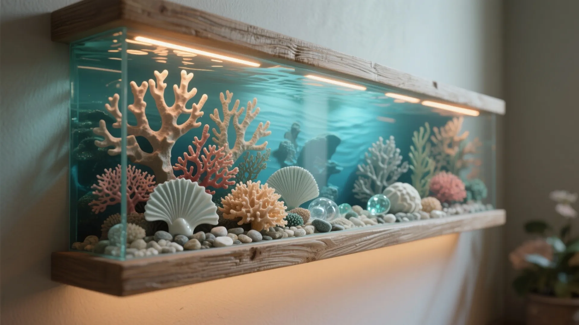 Wooden wall shelf with built-in aquarium featuring colorful coral, seashells, stones, and warm light fixture