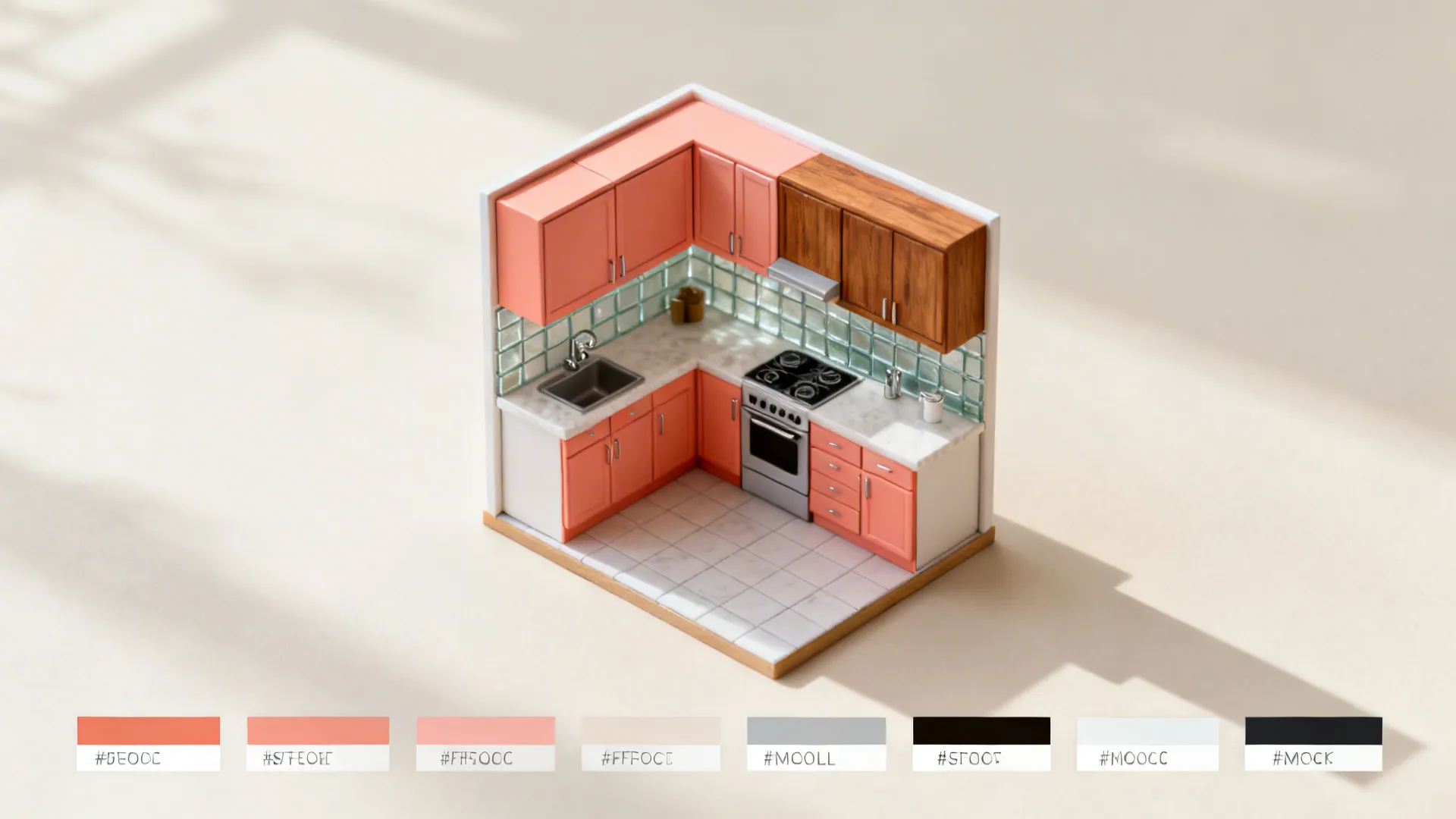 Top-down storyboard showing coral cabinet schemes and layout flow.