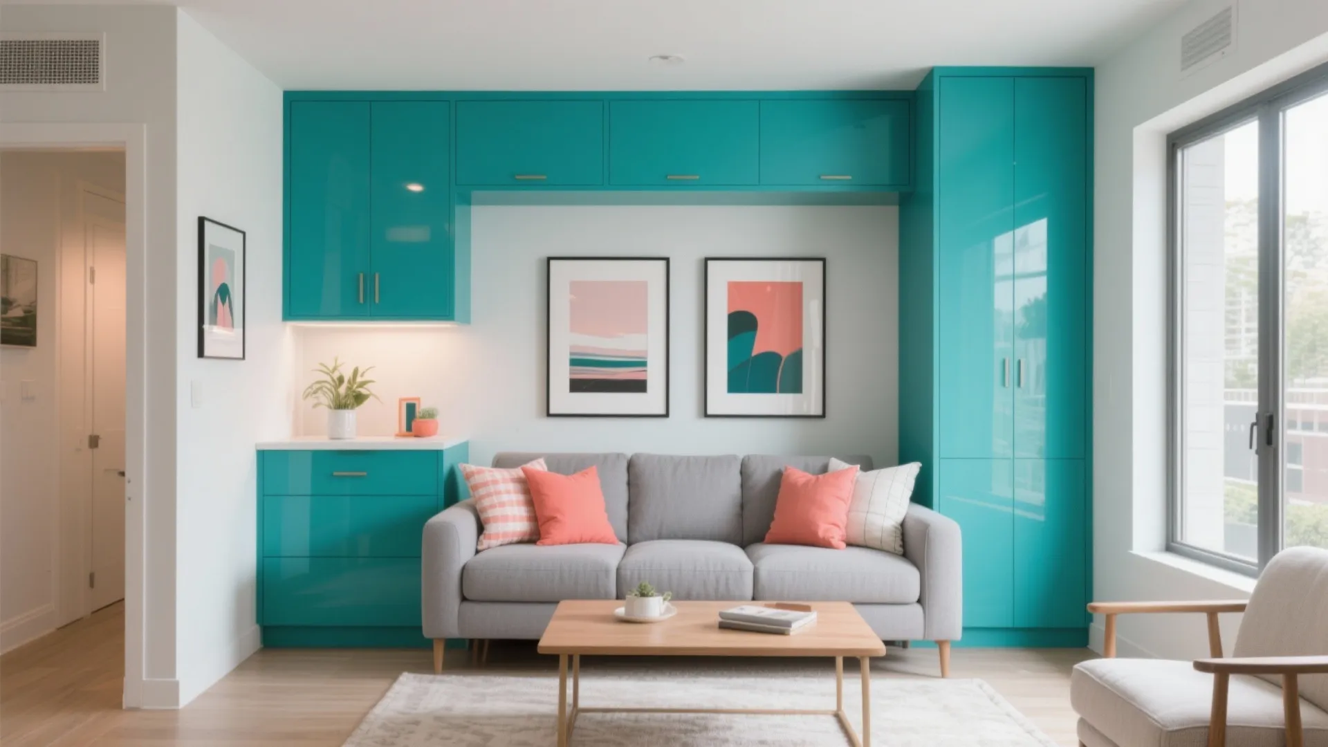 Modern living room with grey sofa teal cabinets pink coral pillows and small coffee table