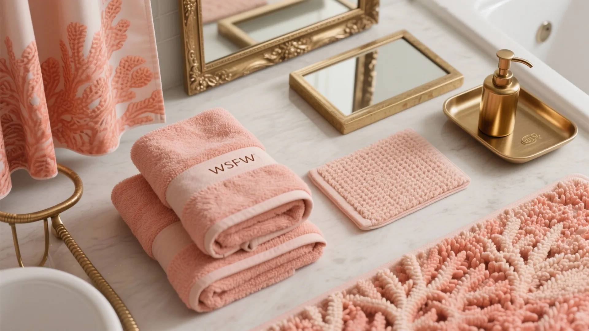 4. Coral Textiles and Brass Accents