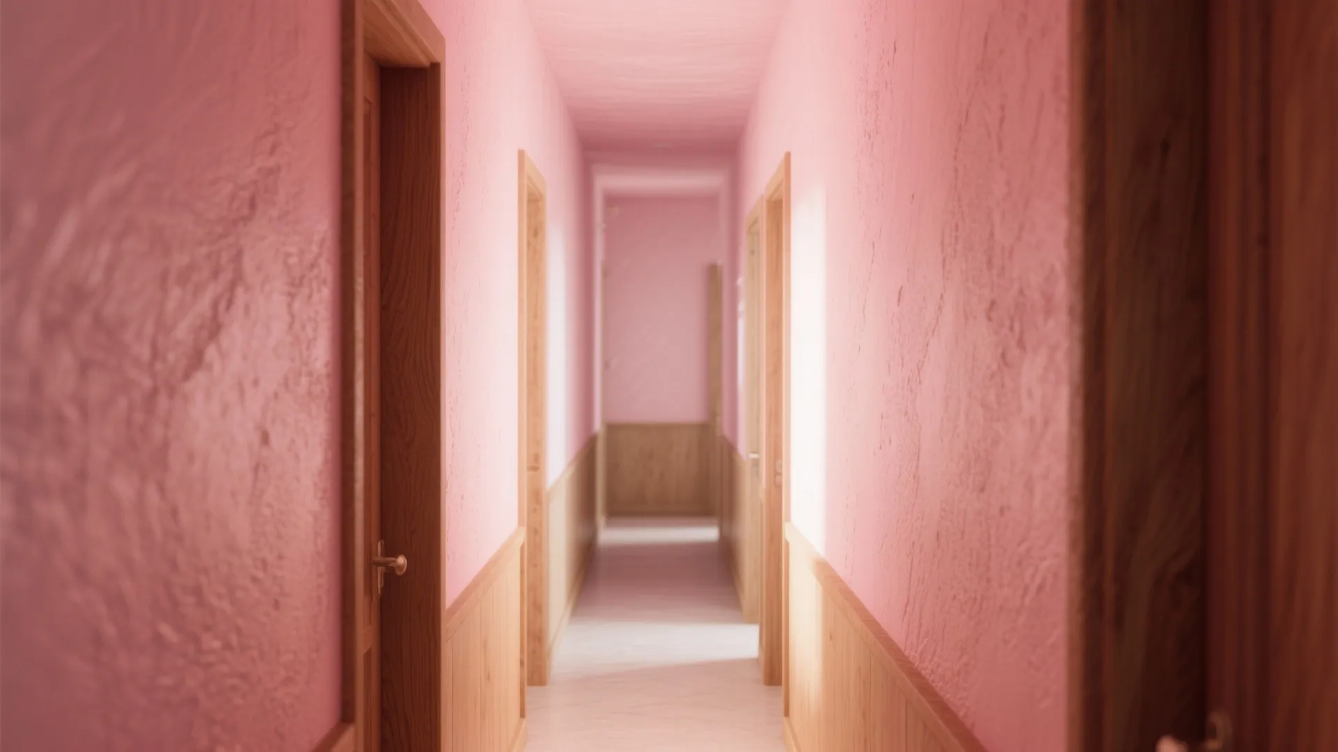 Long narrow hallway featuring pink textured walls with wooden wall panel design and several wood doors