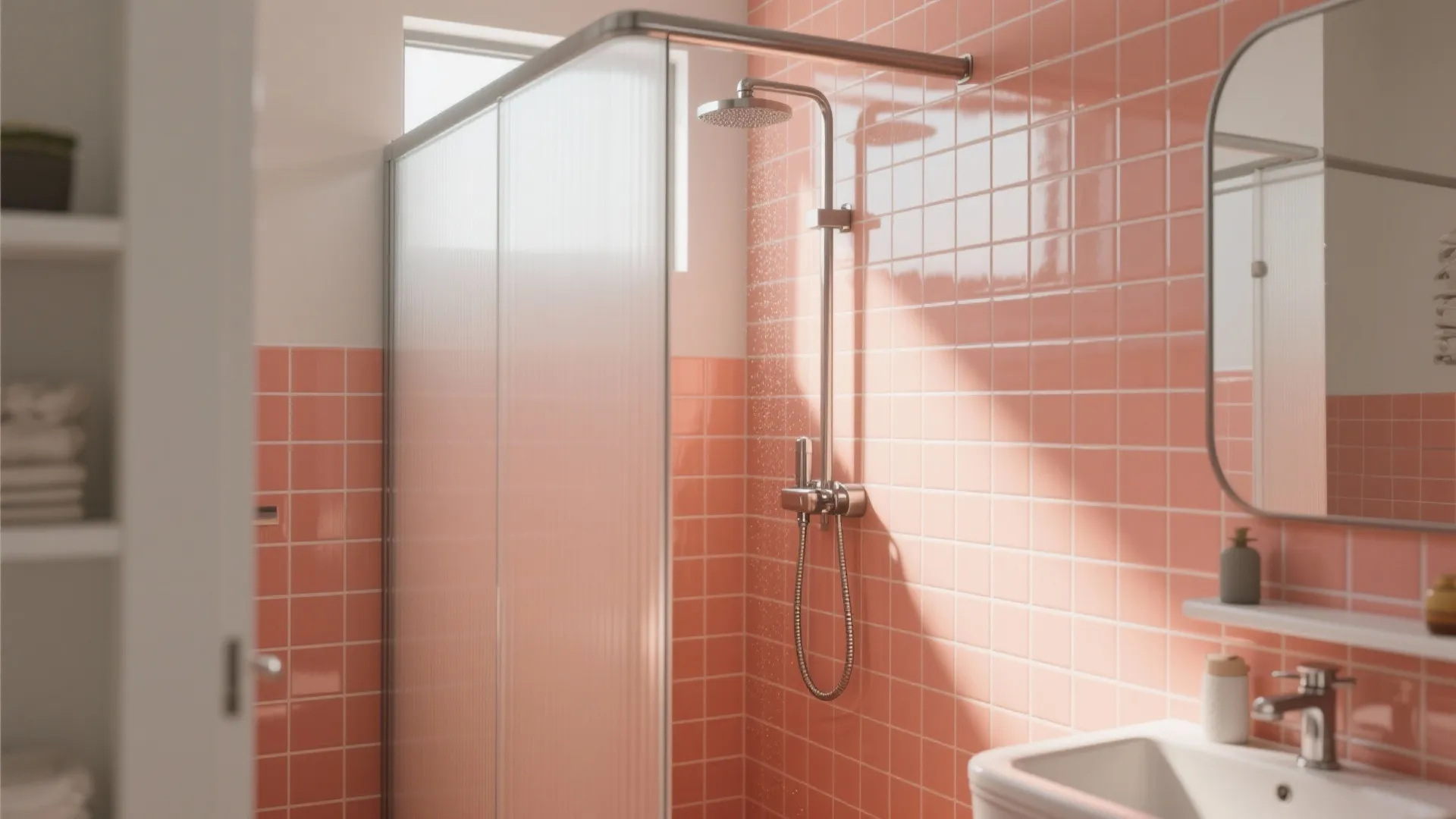 2. Coral Tiles with Neutral Grout