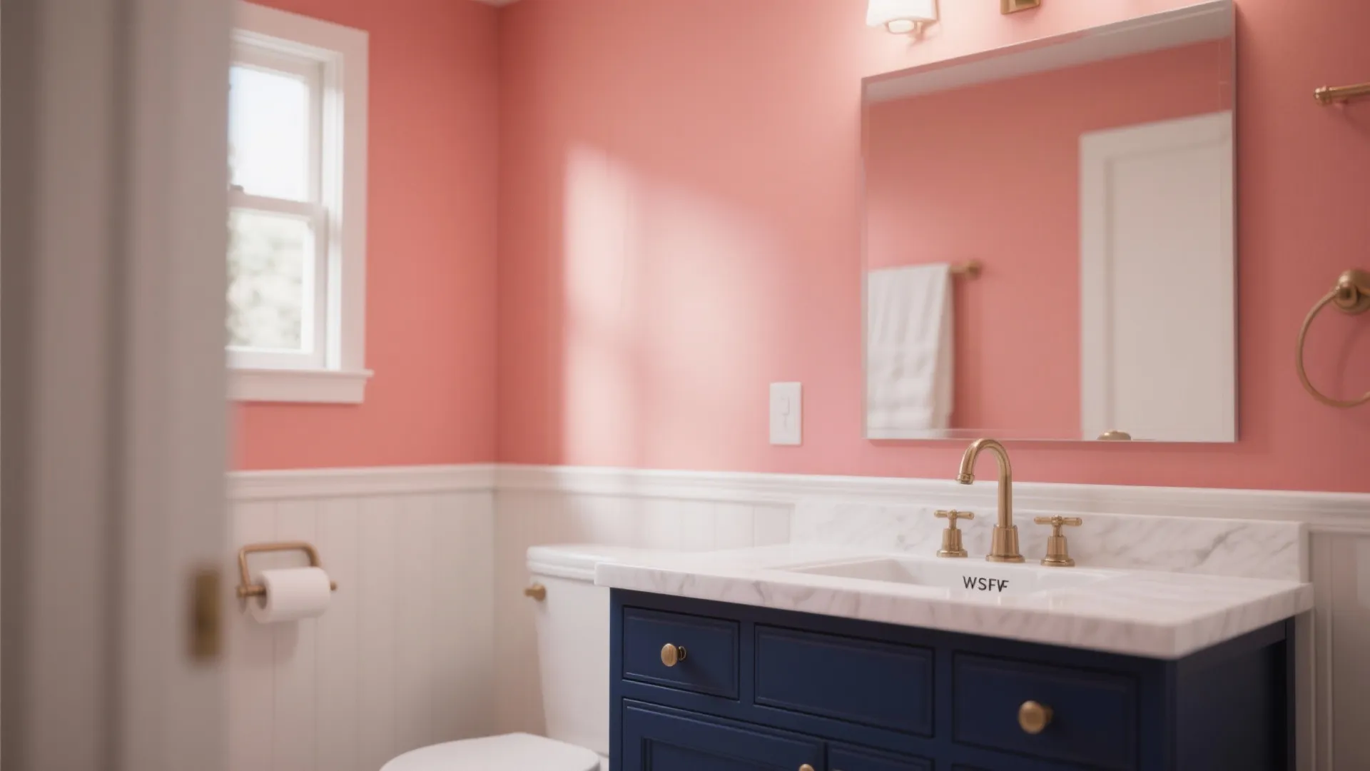 1. Coral Accent Wall with Navy Vanity