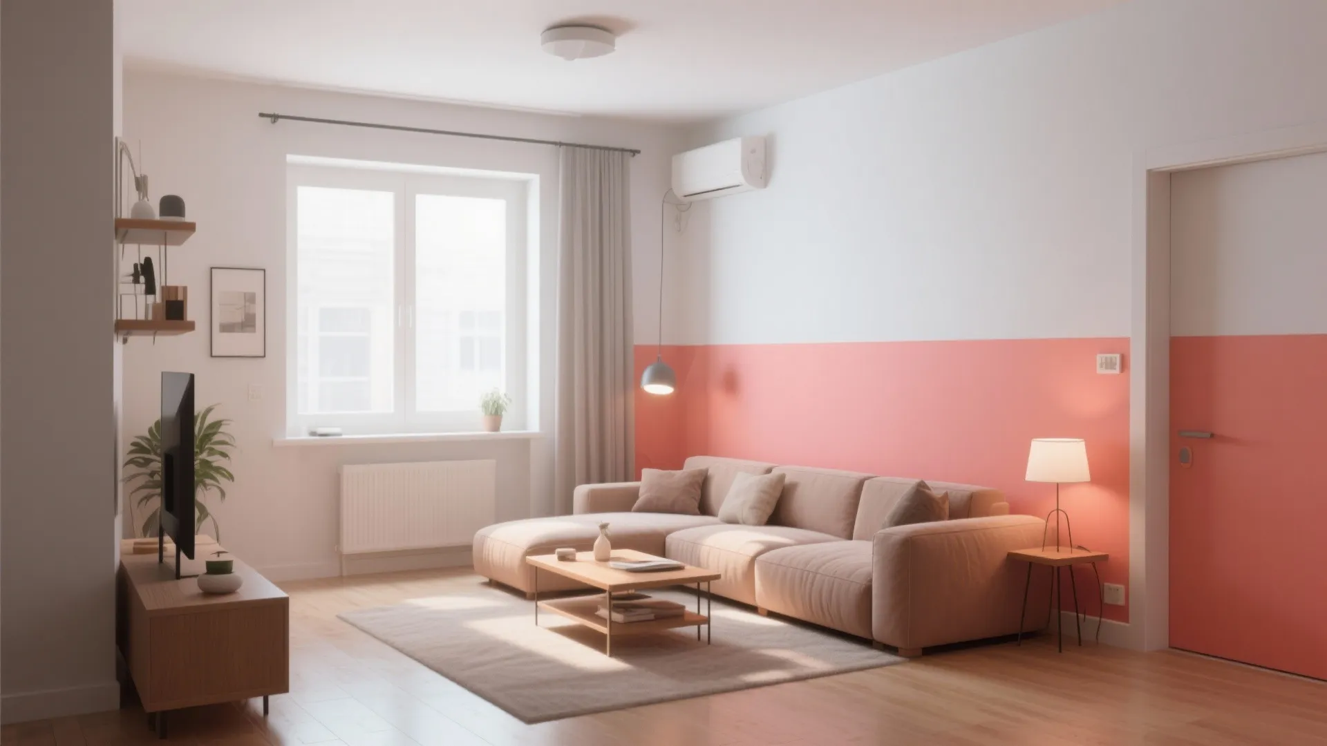 Studio living room with coral and white color-blocked walls