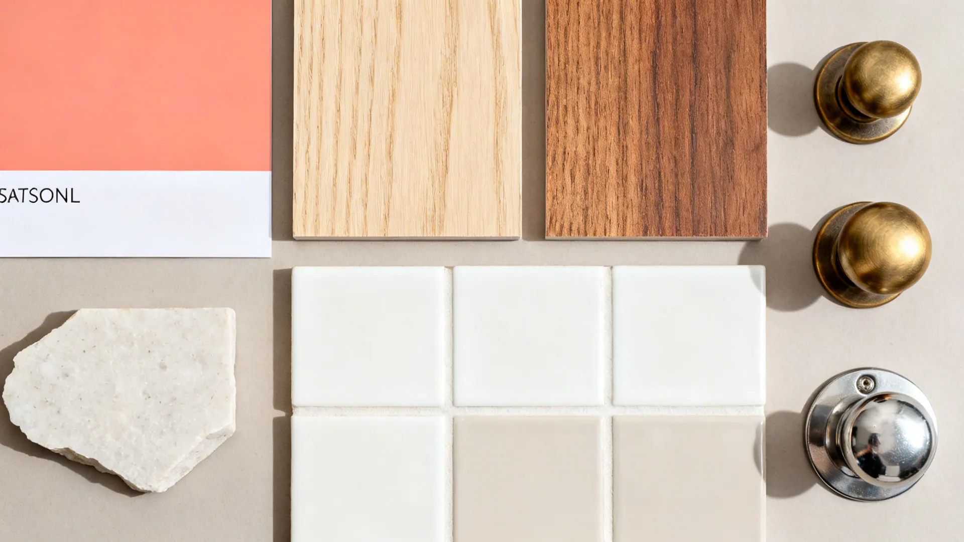 Material flat lay with coral paint, oak and walnut veneers, quartz, and hardware.