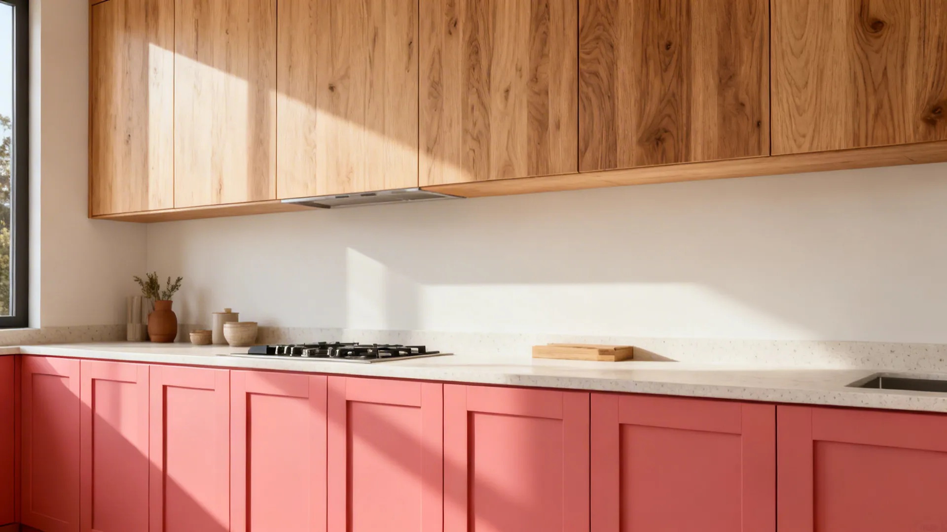 Kitchen with coral lower cabinets and light oak uppers for warm two-tone balance.